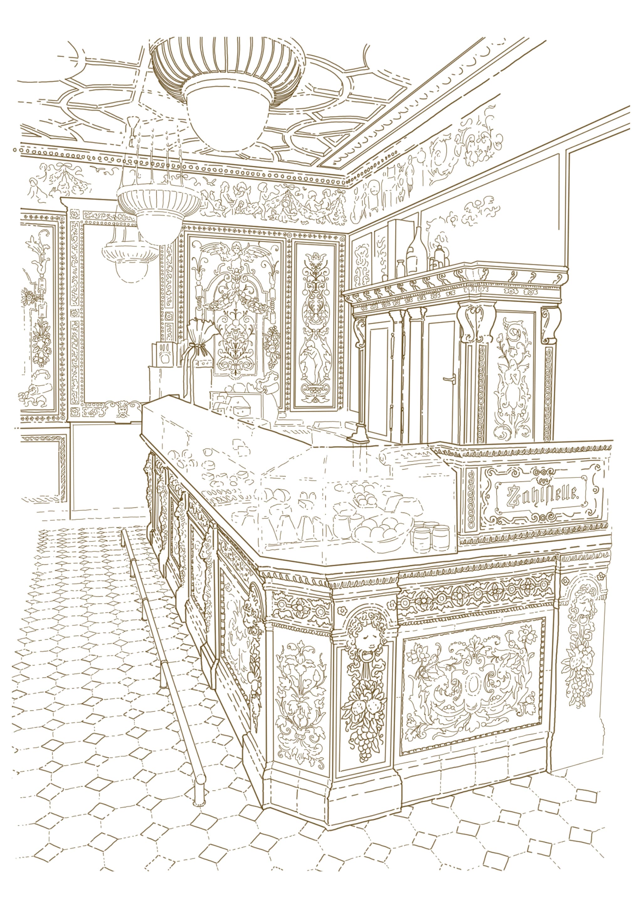 drawing of the German Dresdner Molkerei Gebrüder Pfund. A greatly ornamented shop.