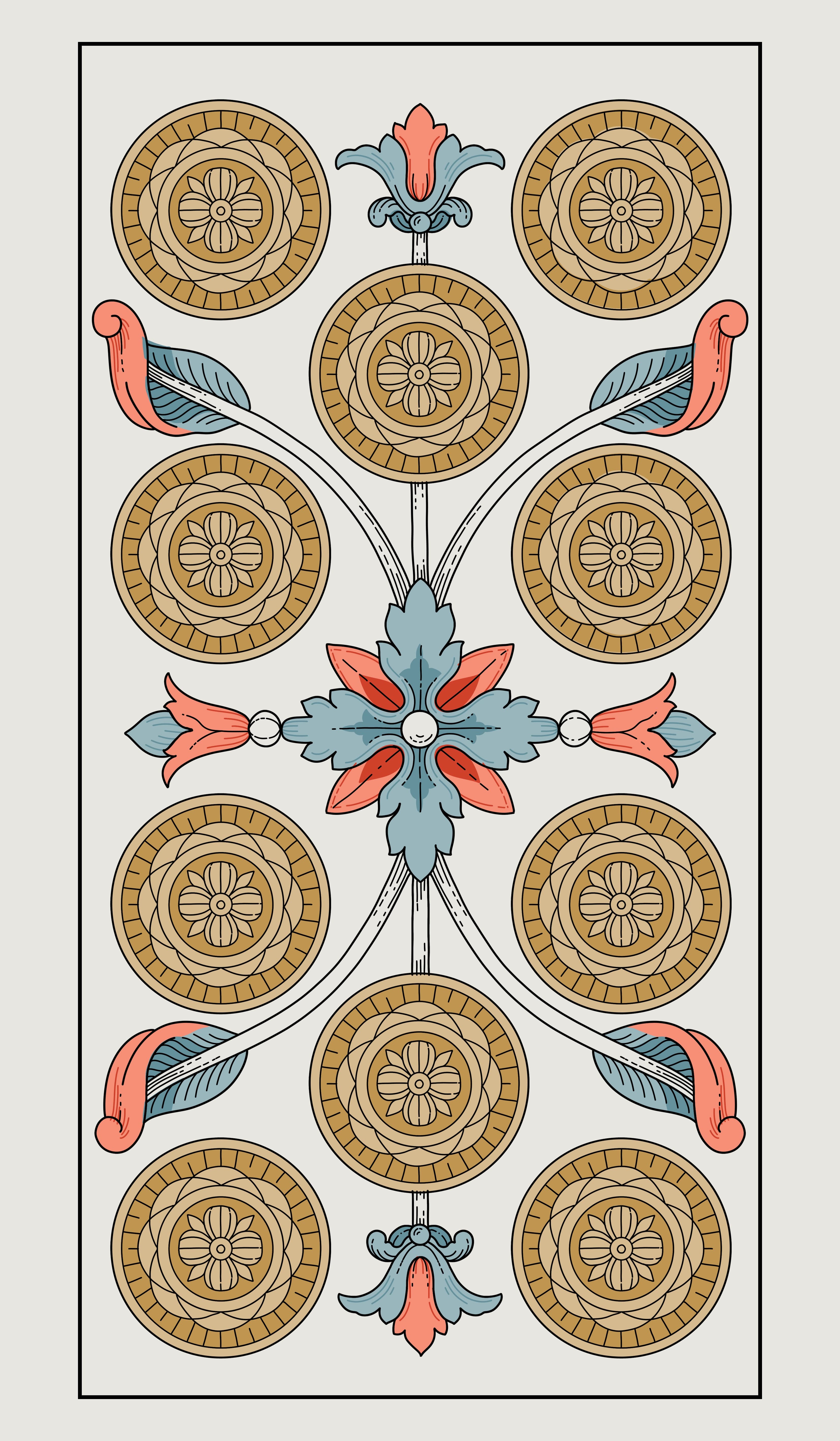 Line illustration of the Ten of Coins tarot card with symmetrical floral ornaments surrounding ten golden discs.
