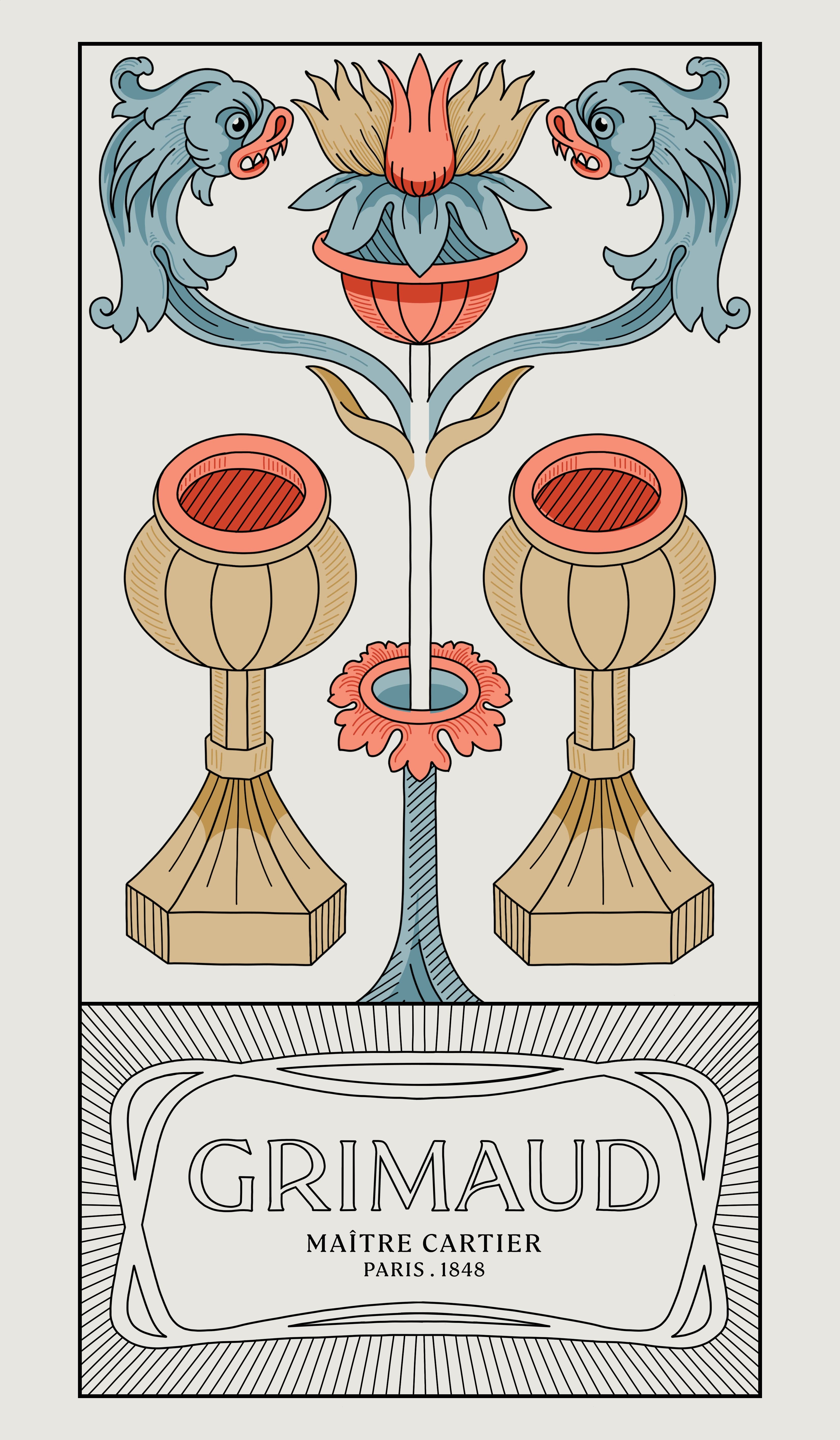 Symmetrical tarot illustration of two decorative chalices connected by a central floral vine and blossom.