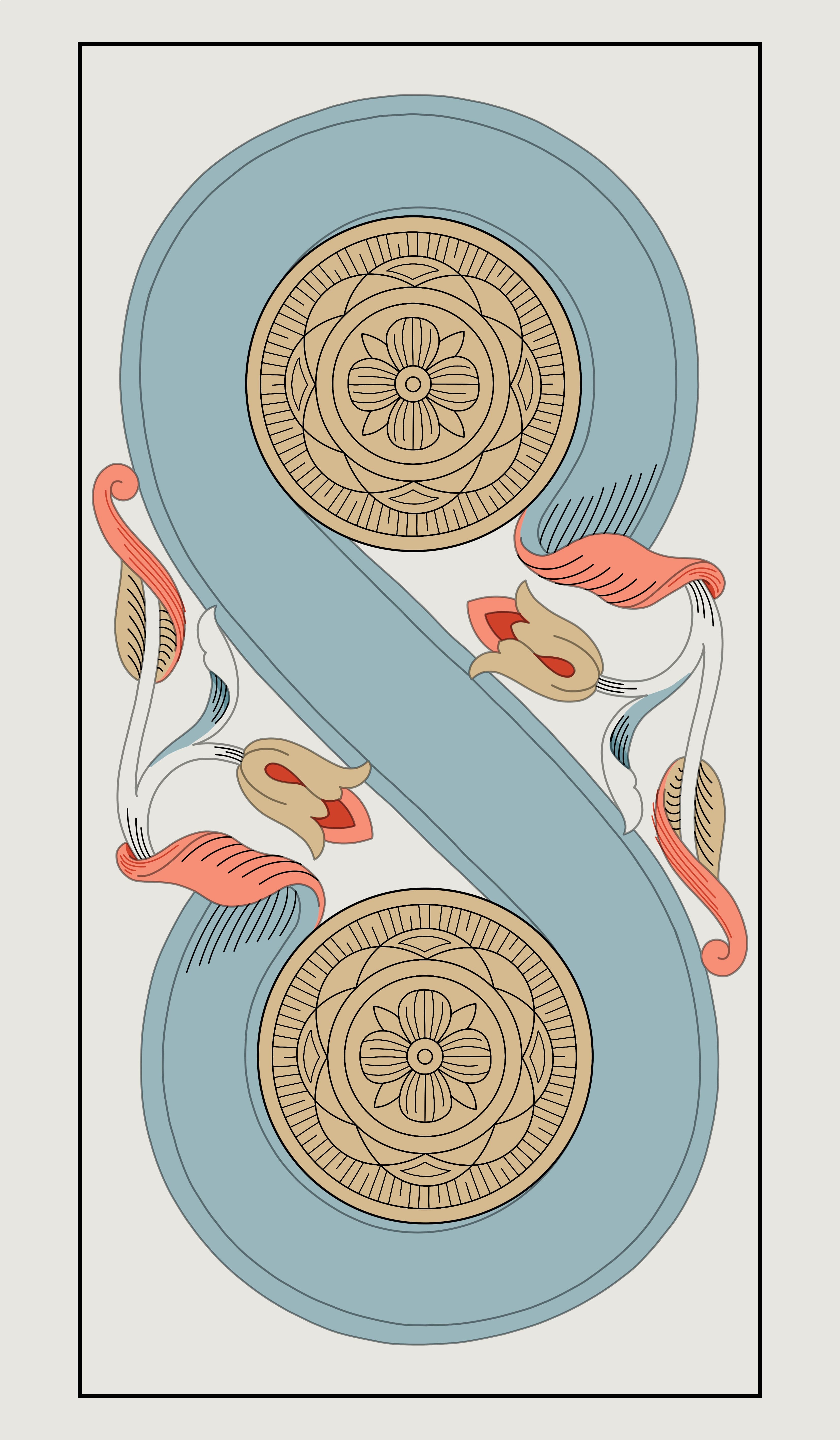 Tarot card illustration of two coins linked by a flowing ribbon with detailed leaf and flower ornaments.