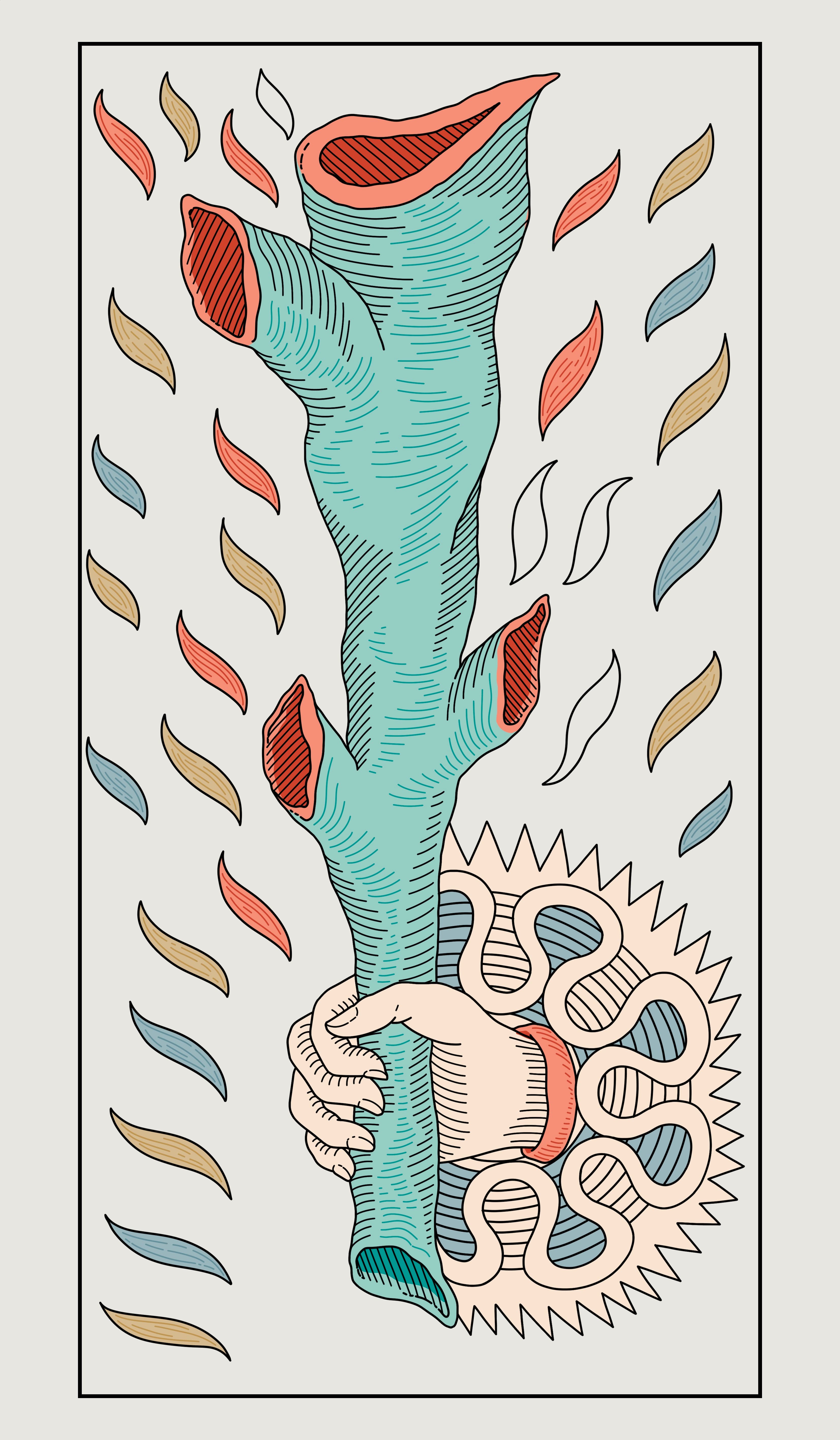 Tarot card illustration of a decorative wooden staff or club surrounded by small floating leaf motifs.