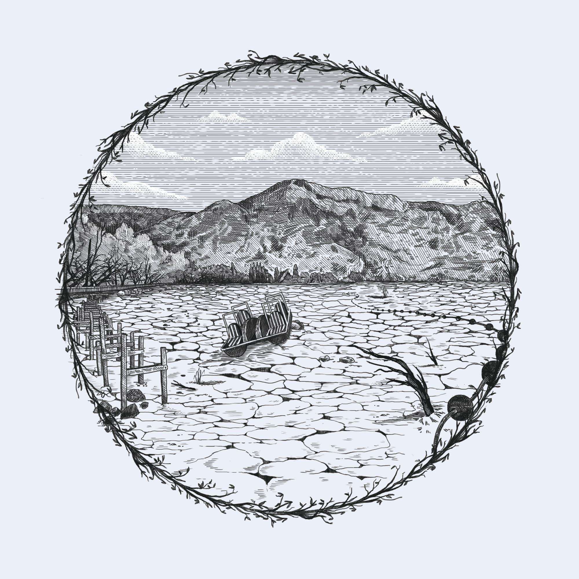 Abstract line drawing depicting the cracked texture of a dried lake bed rendered on a circular ceramic plate.