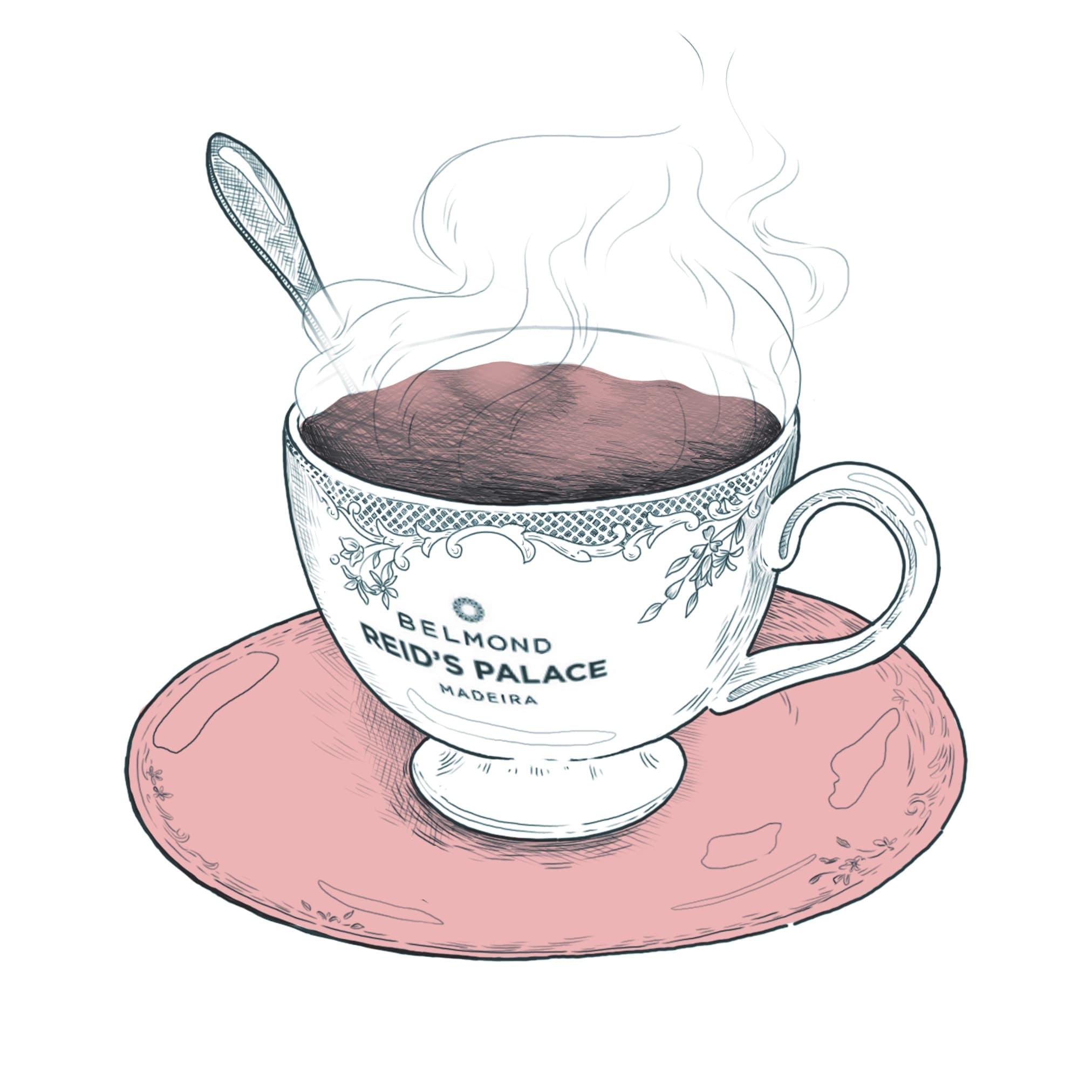 Detailed illustration of a delicate cup and saucer on a table, part of a refined café scene for Belmond.