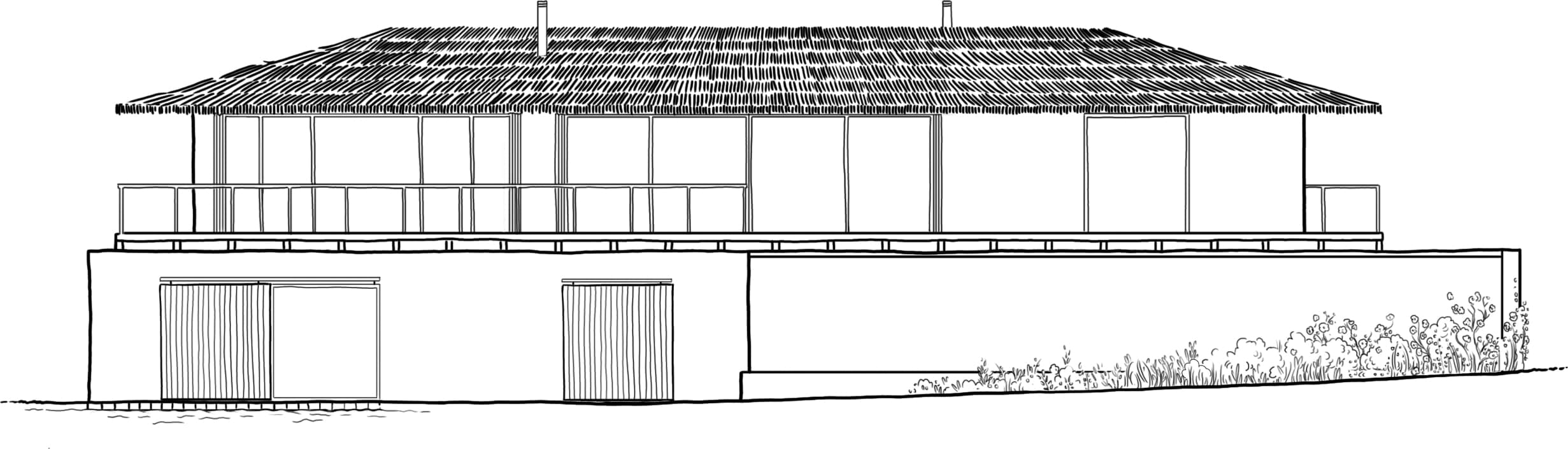 Clean black and white line drawing of a traditional two-storey house facade with simple window details.
