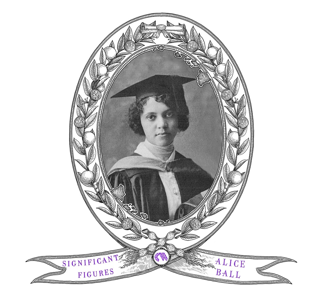Illustrated portrait of Alice Ball wearing a graduation gown, rendered with detailed linework and gentle shading.
