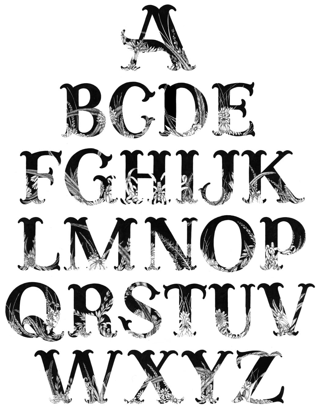 Grid of alphabet letters, each intricately entwined with different flowers and botanical elements in line art.