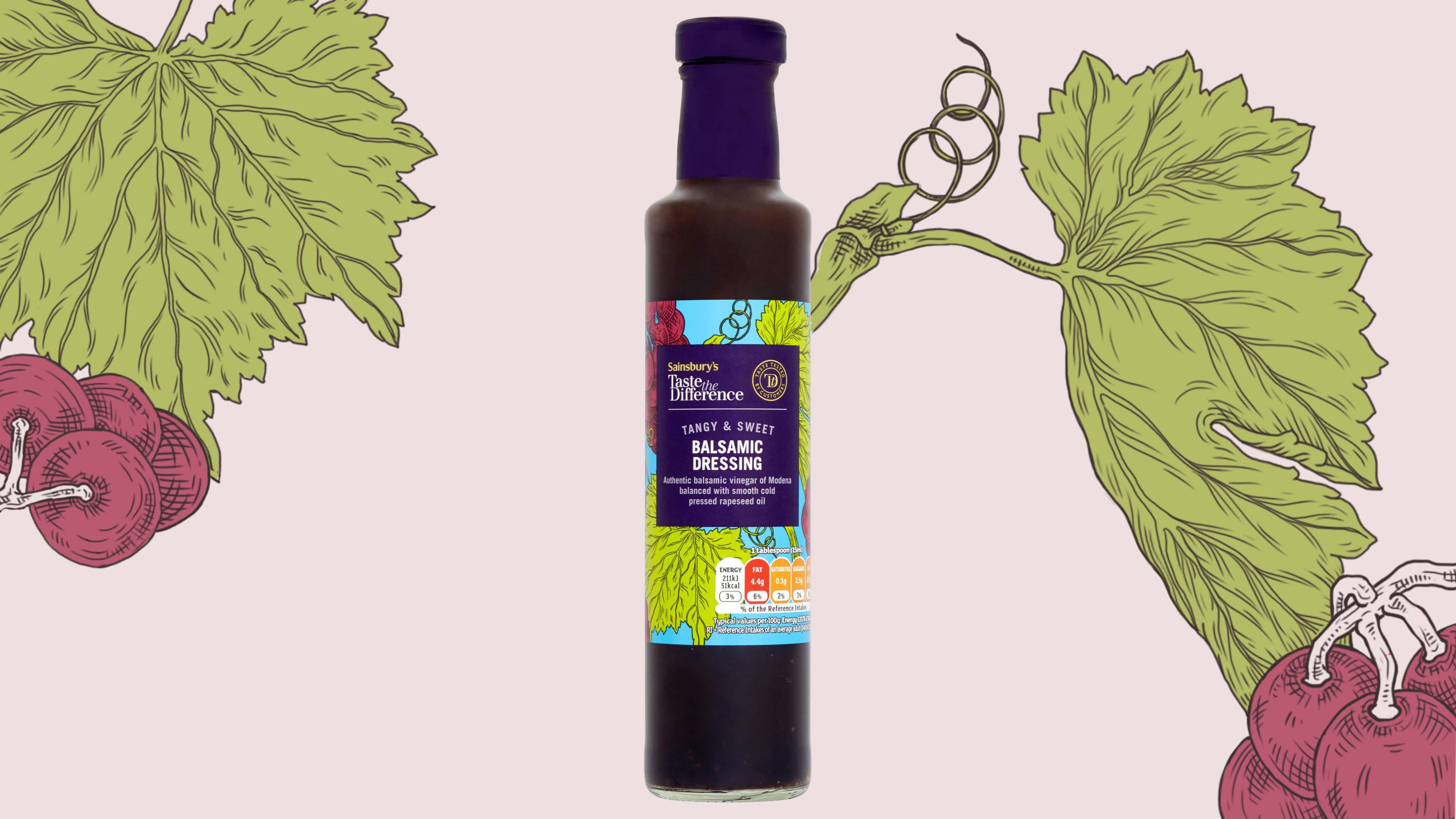 Illustrated vinegar label featuring a detailed bunch of grapes with vine leaves and curling tendrils on paper.