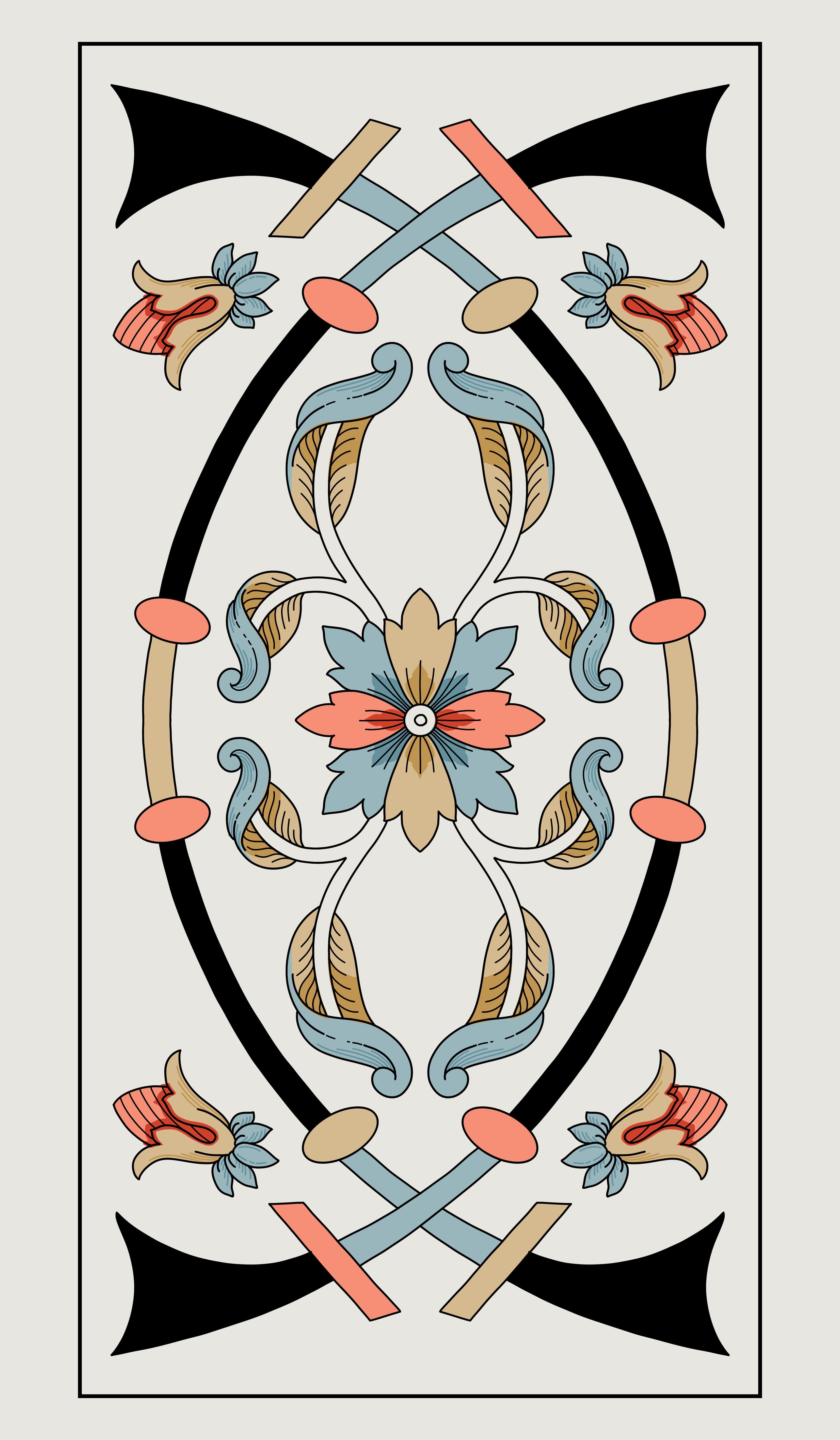 Engraving-style tarot illustration of two curved swords crossing, surrounded by ornate botanical details.