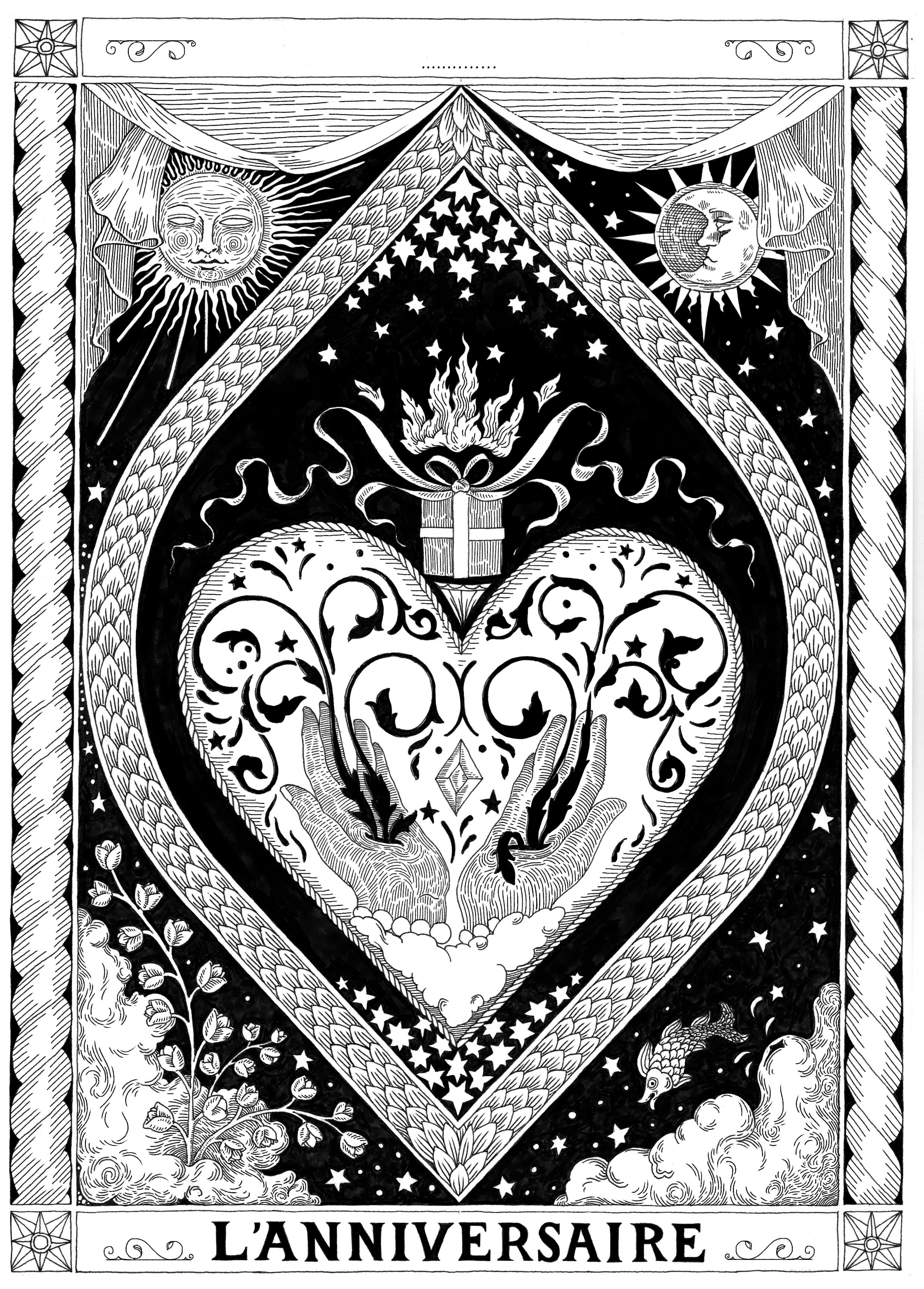 Intricate line drawing of a heart shape filled with ornate scrollwork and decorative flourish details.