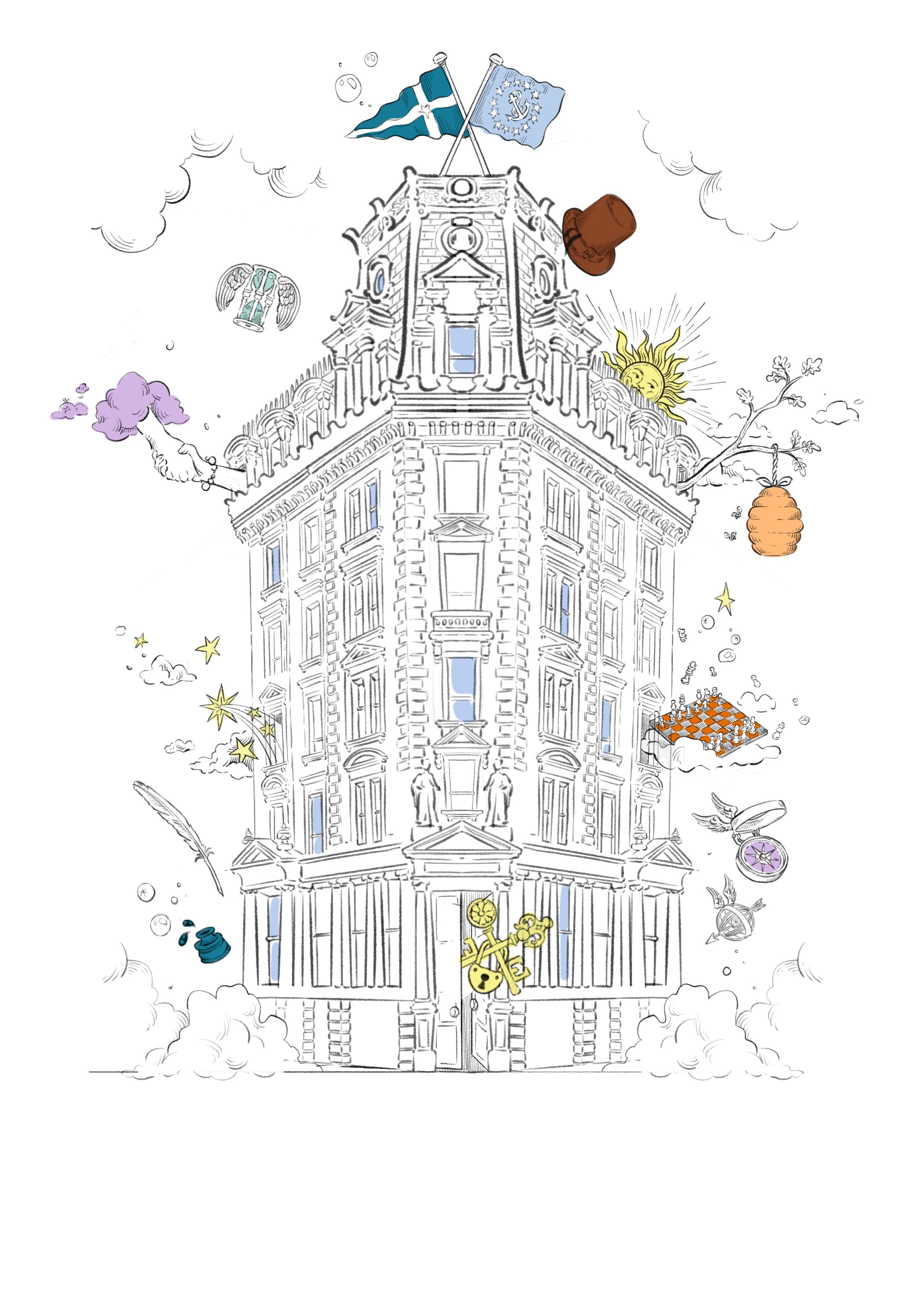 Quick pencil sketch of a building exterior featuring a prominent flagpole on the roof and structural details.