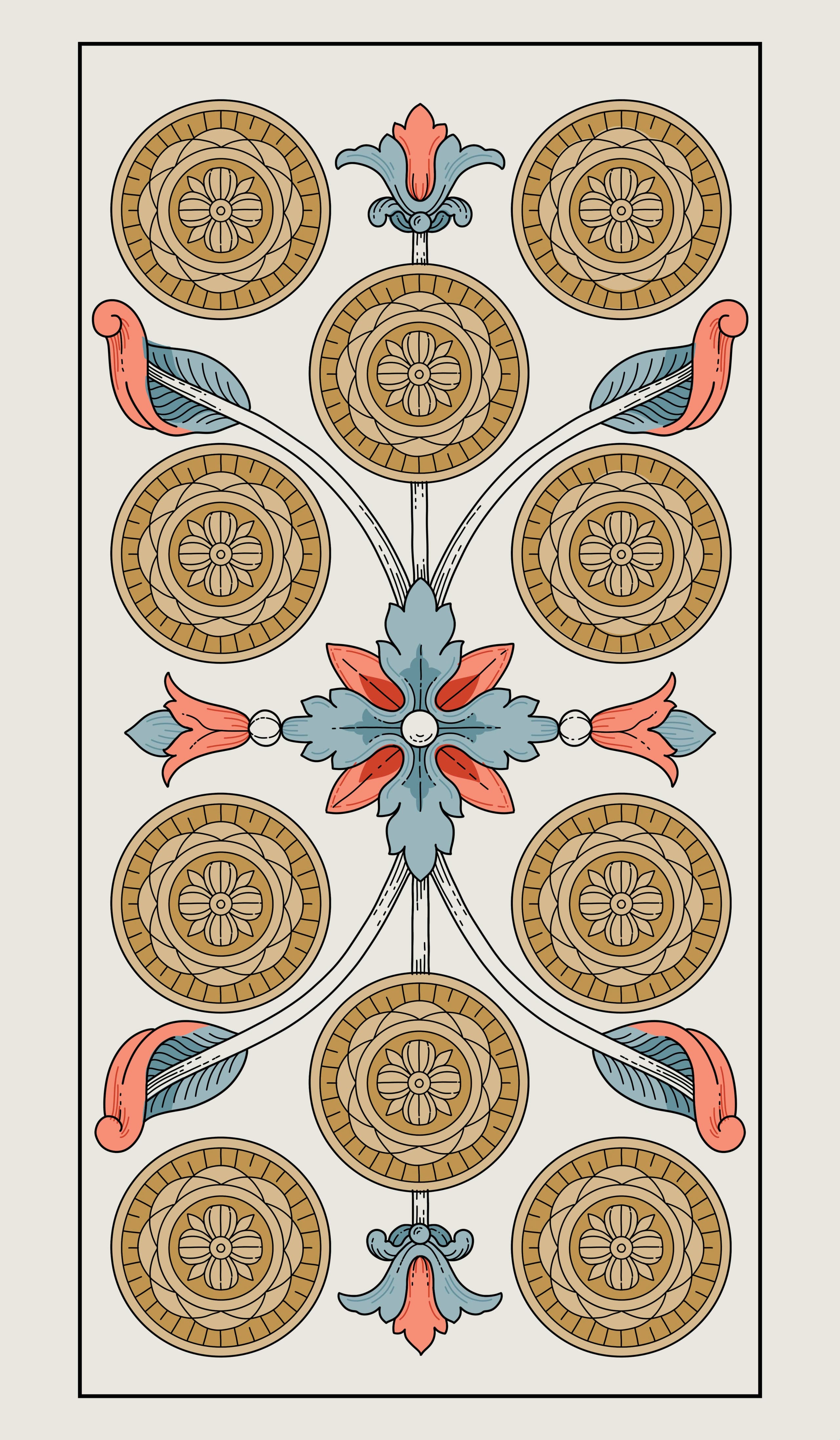 tarot illustration — Ten of Coins with floral motif for Grimaud