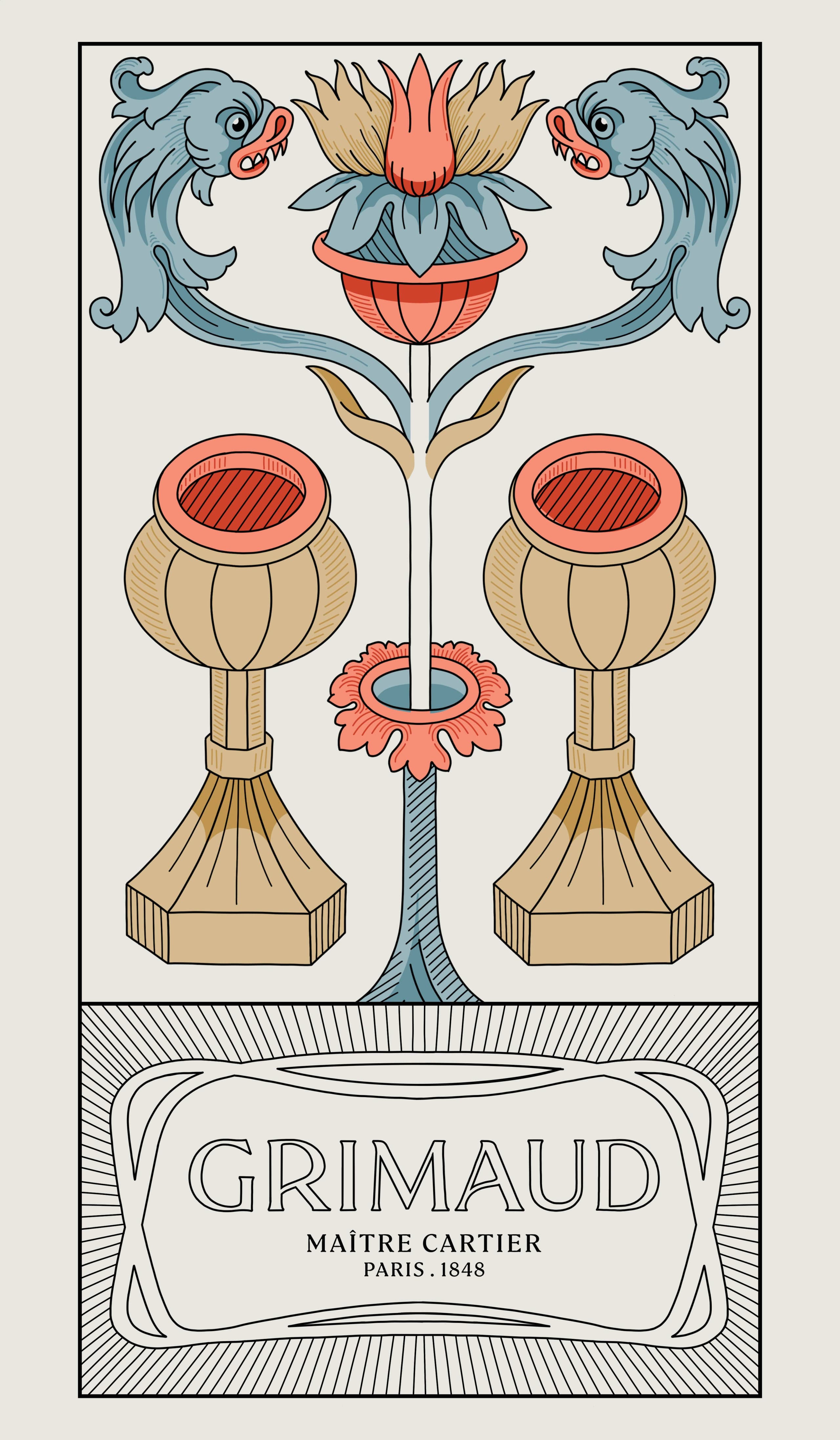 tarot illustration — Two of Cups with flowers and vessels