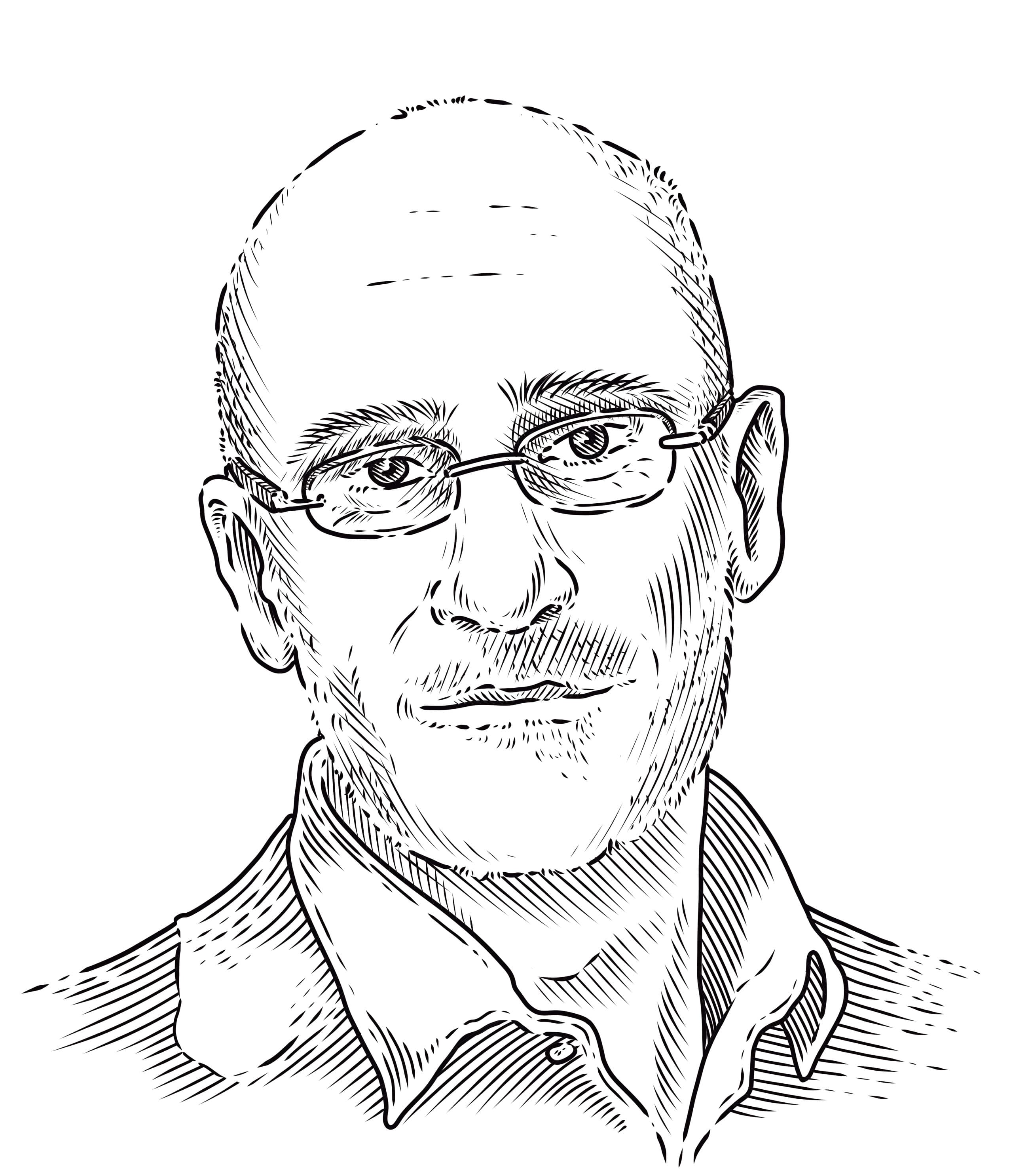 Minimalist line portrait of Arthur Brooks, rendered with clean black lines focusing on facial features and expression.