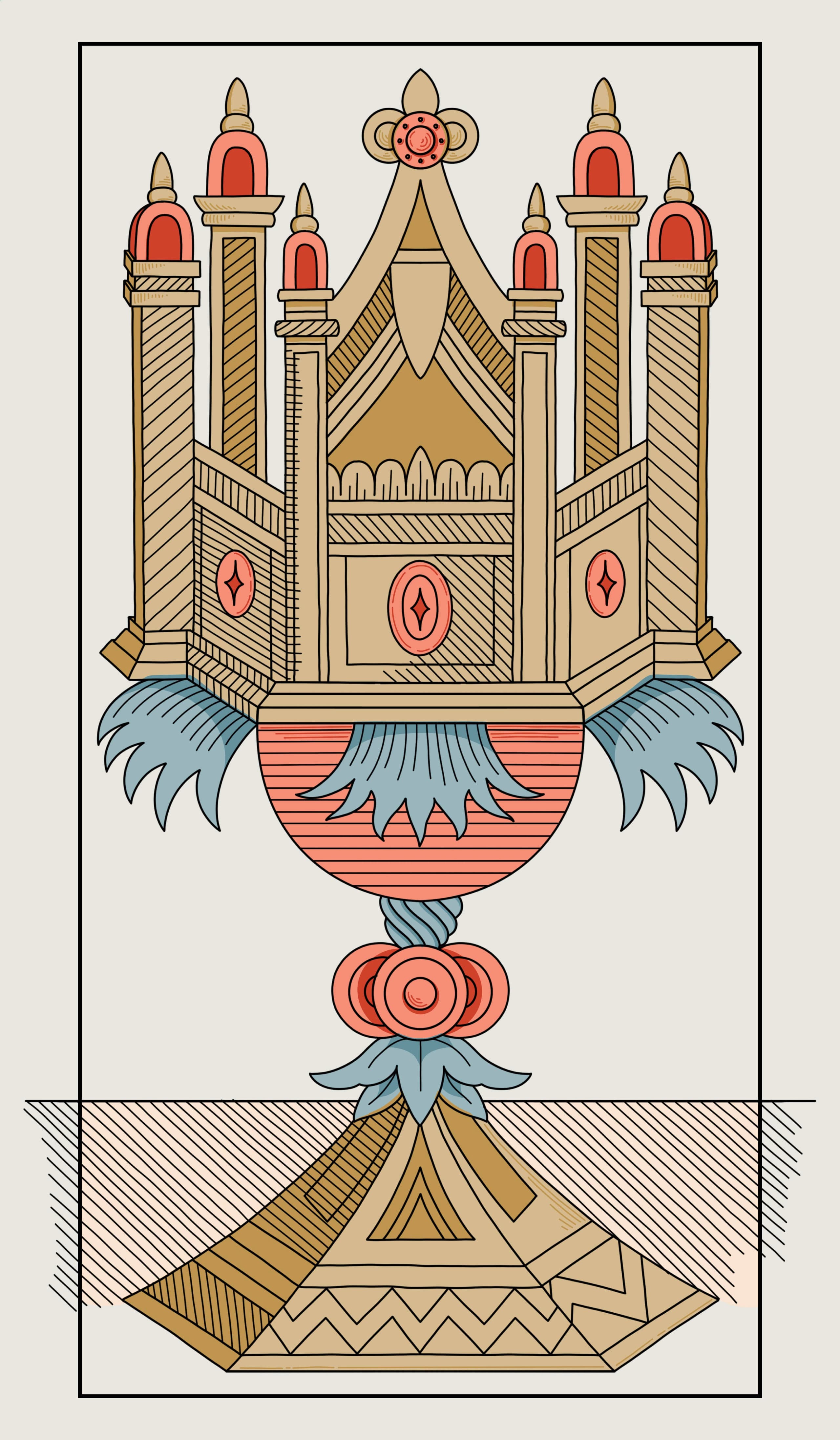 Symmetrical tarot card illustration of a grand ornate chalice adorned with architectural and floral ornamental details.