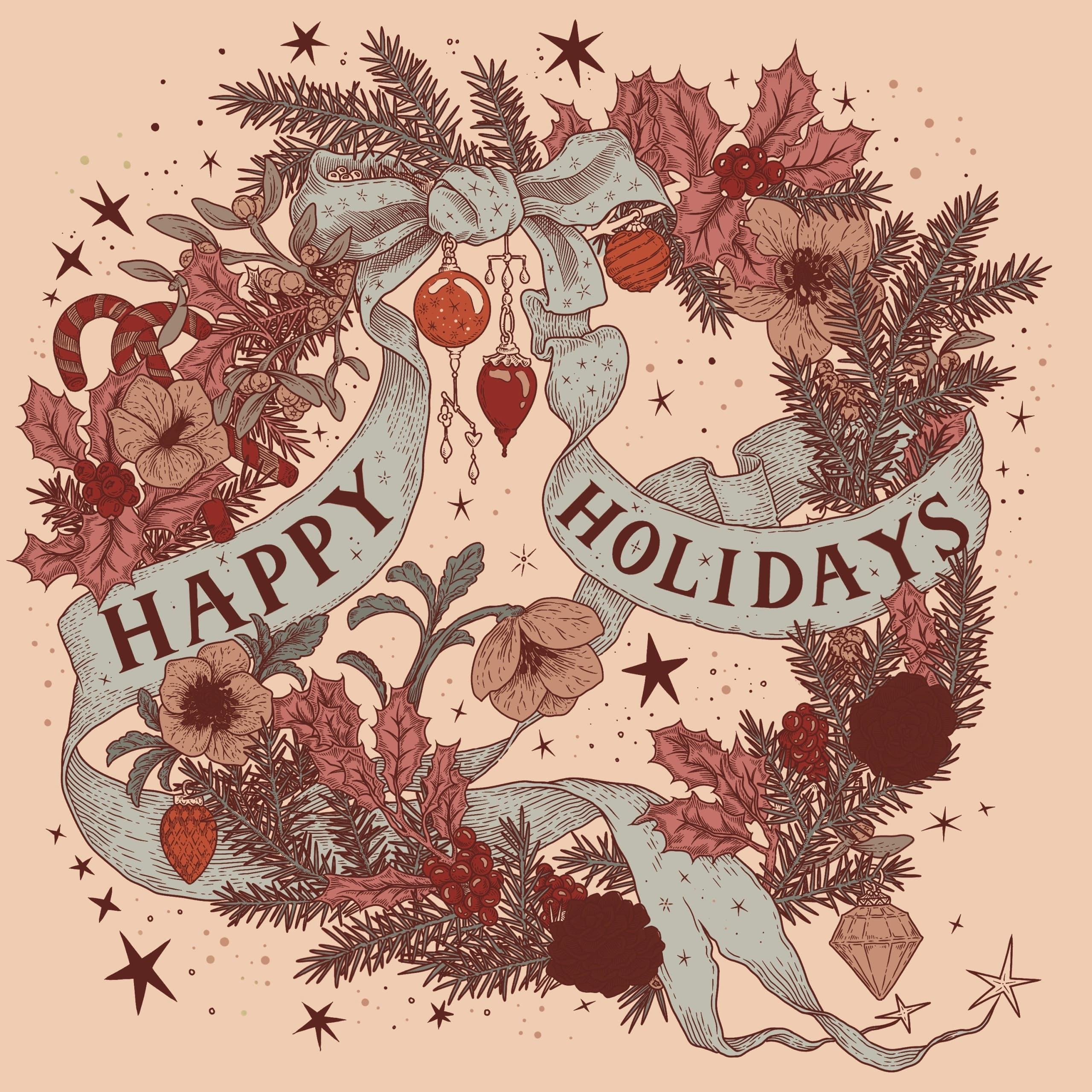 illustrated Christmas wreath with pink ribbon and berries
