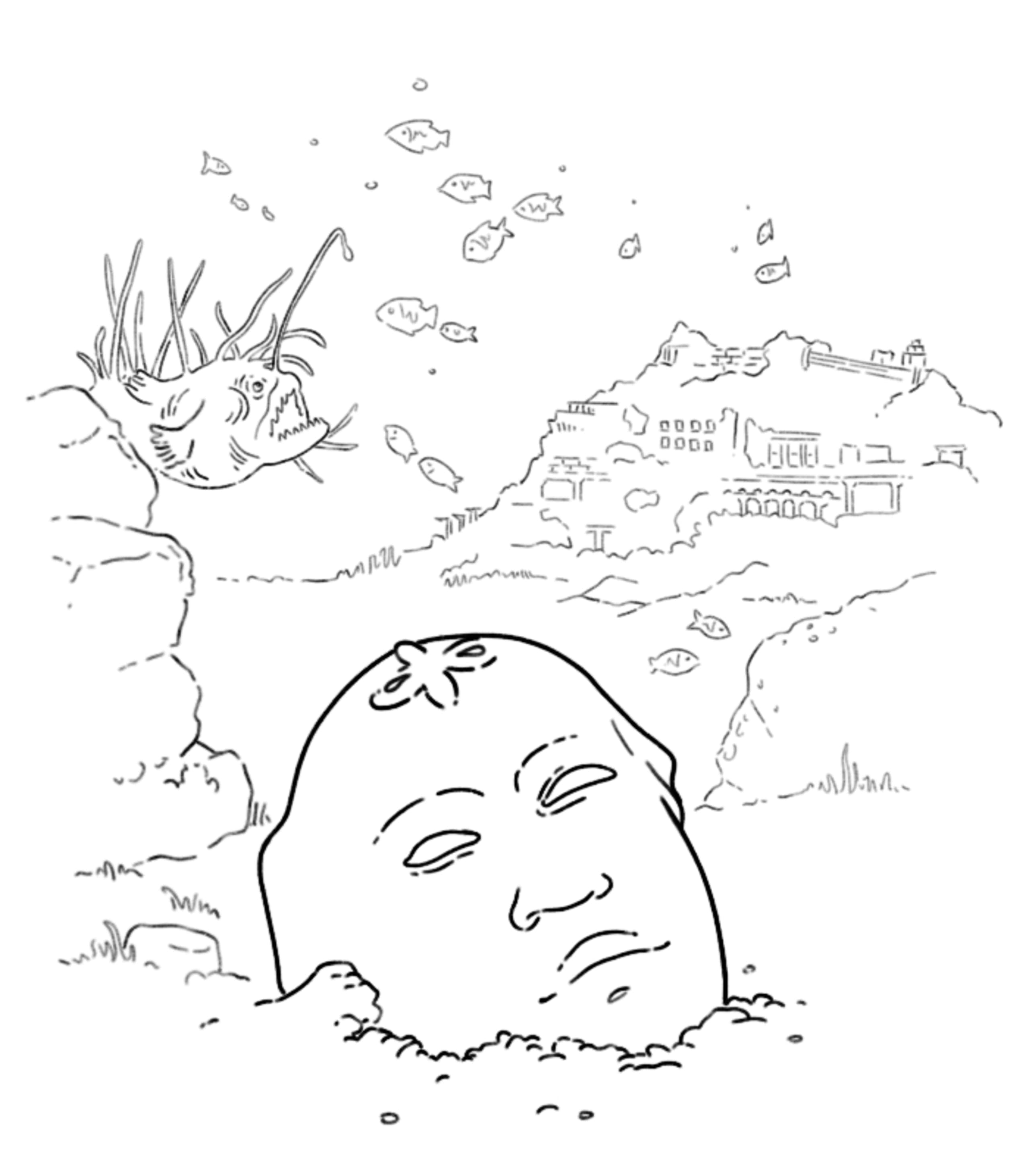 monochrome illustration of a reclining figure in ruins