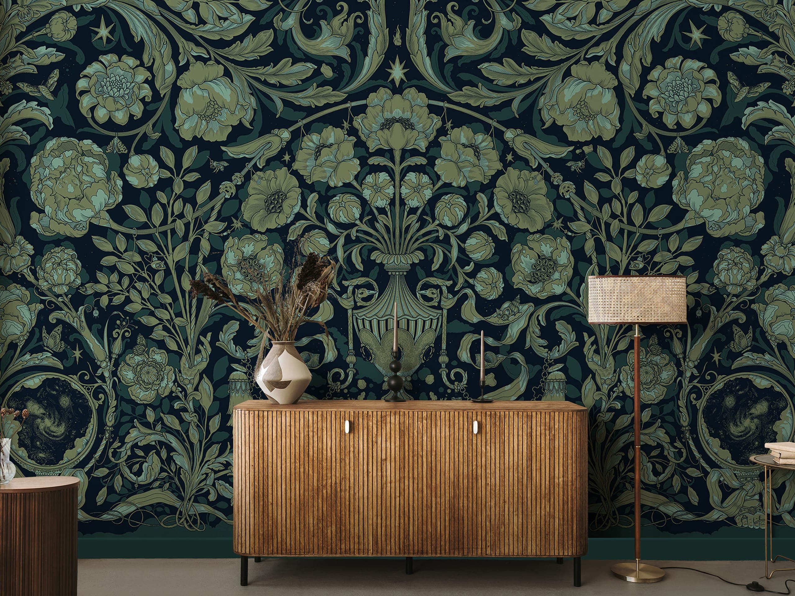 interior scene with wooden cabinet and botanical wallpaper