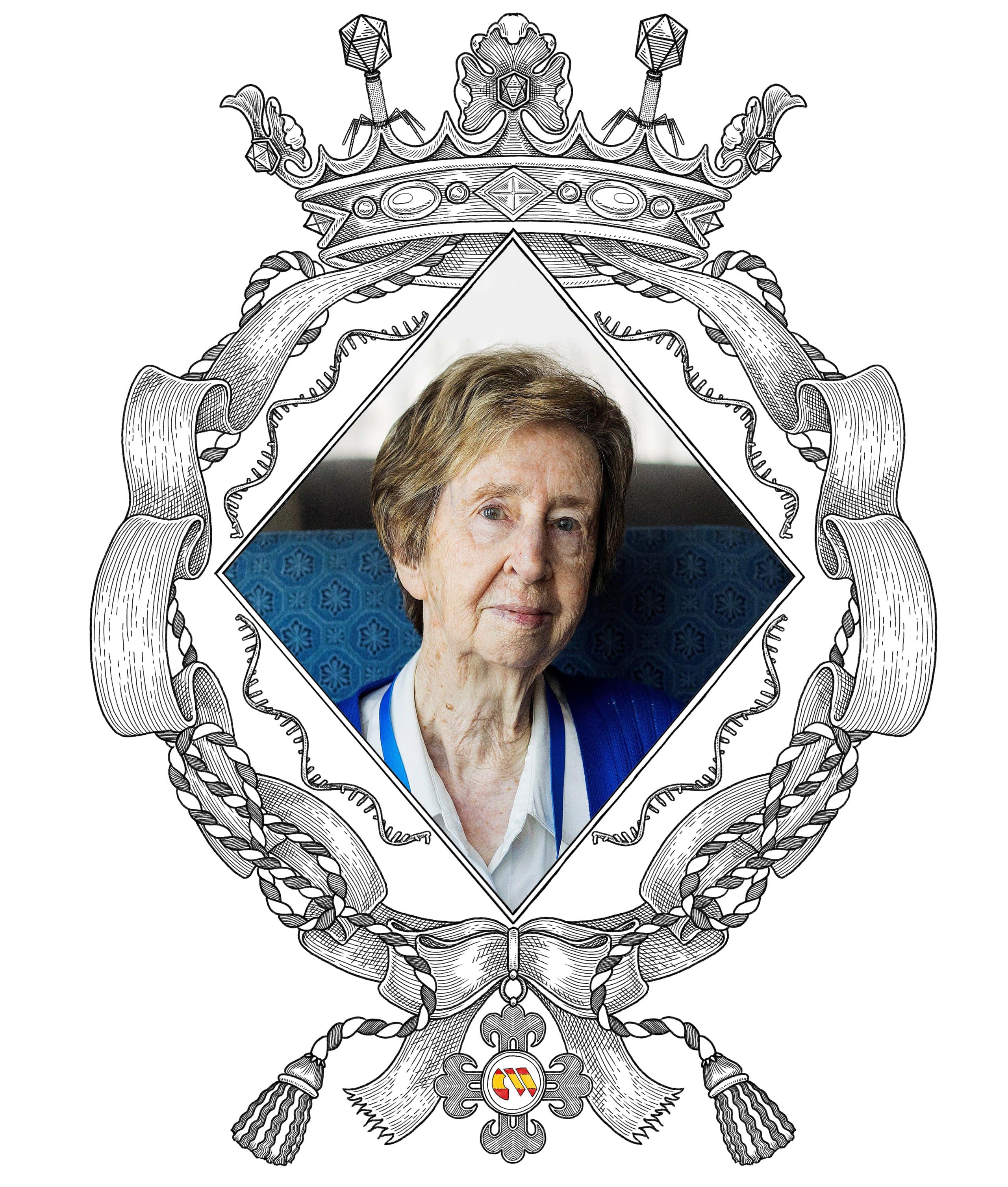 illustrated portrait of Margarita Salas wearing a botanical crown