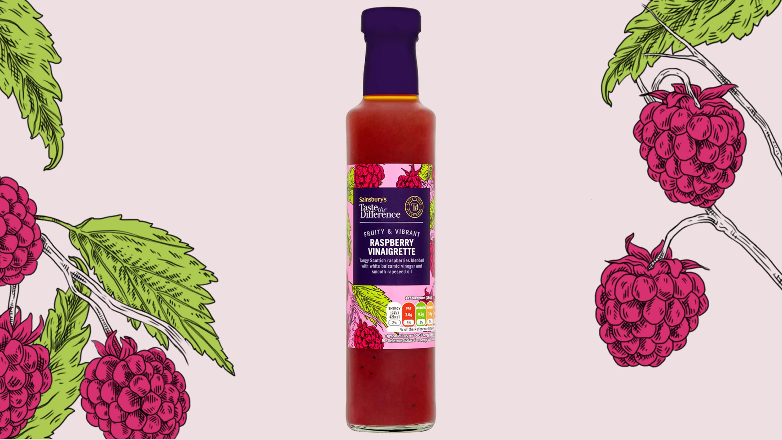 raspberry dressing bottle with botanical illustration label