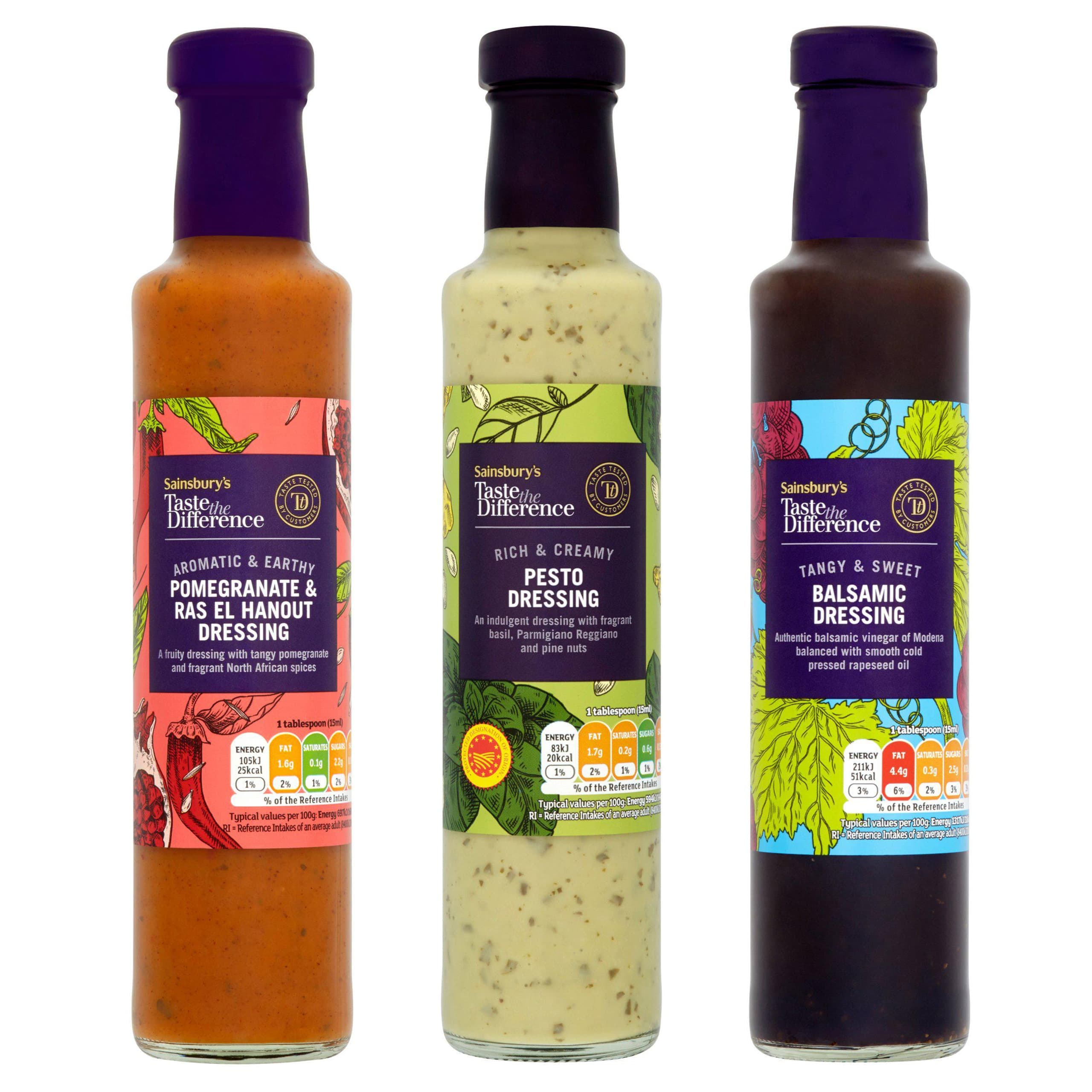 three Sainsbury's illustrated salad dressing bottles