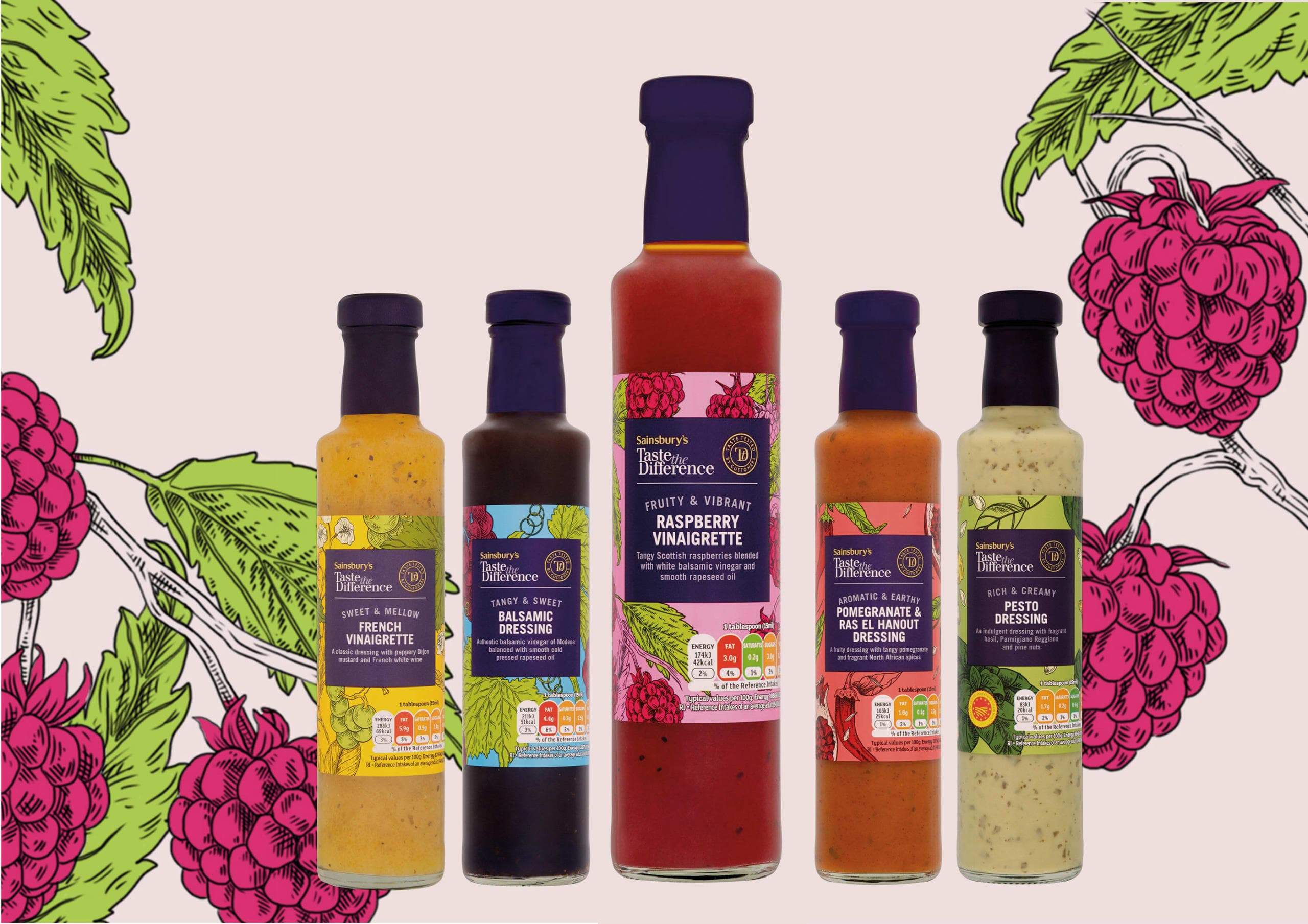 Sainsbury's illustrated salad dressing range, strawberries background