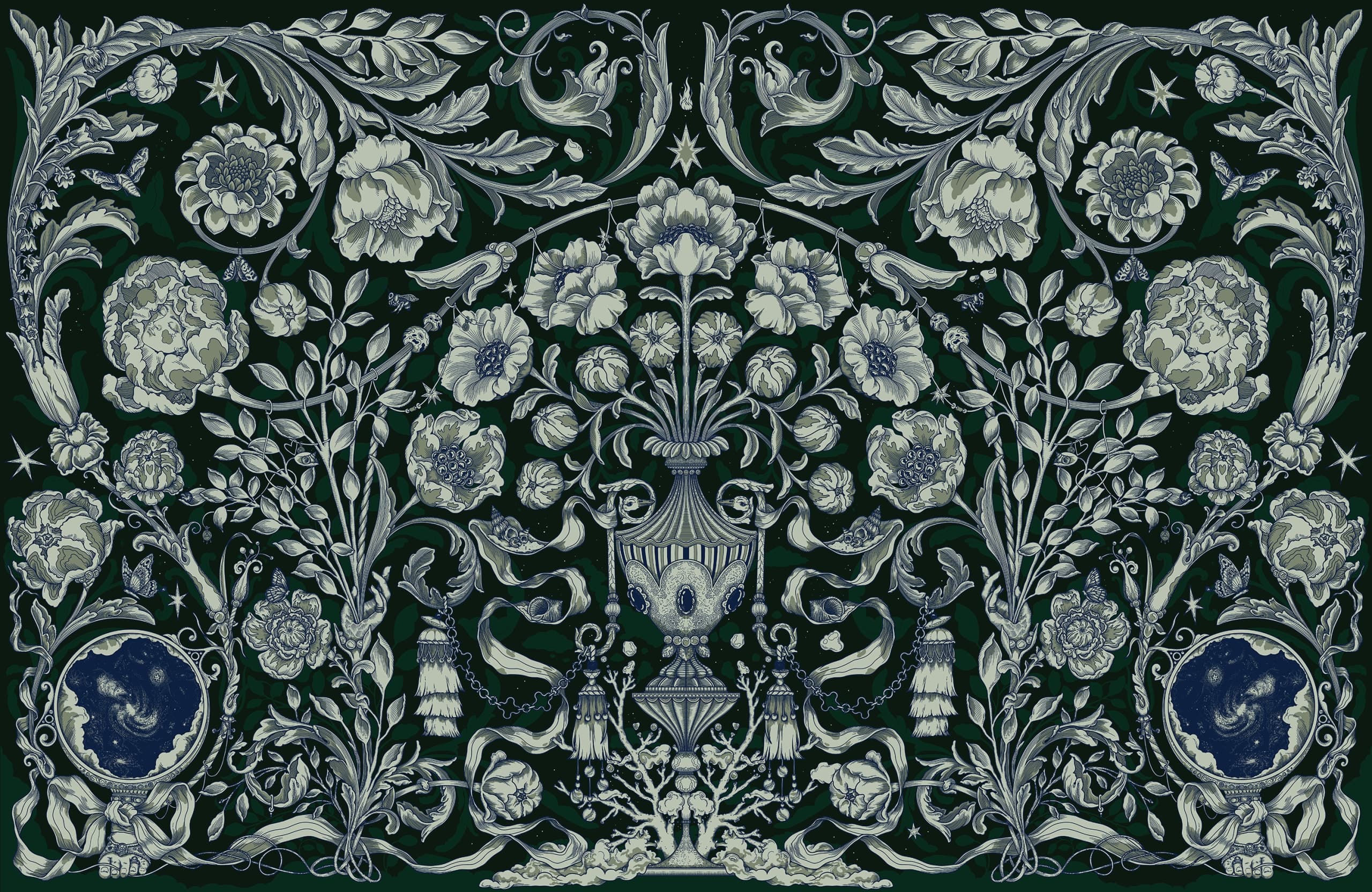 botanical pattern, white and blue on green ground