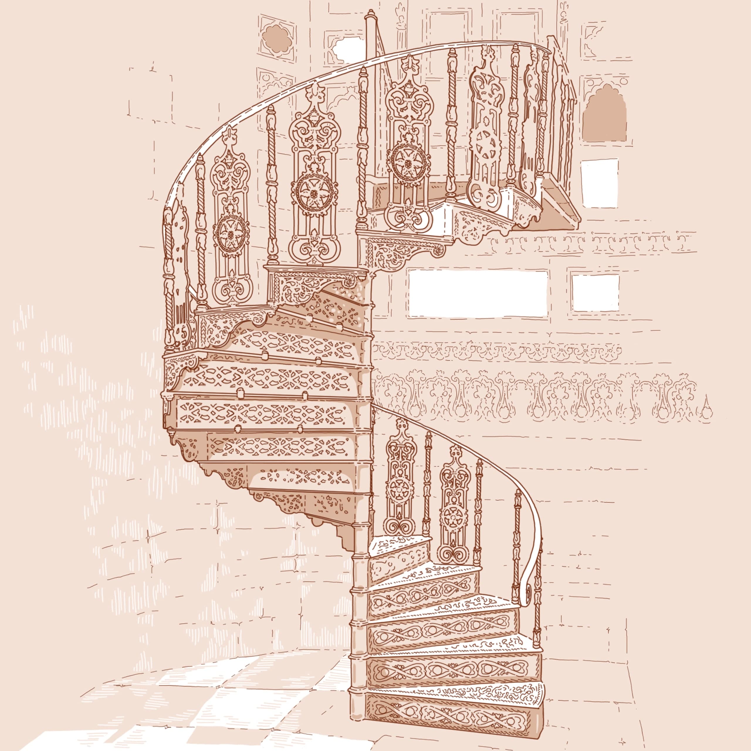 architectural illustration of a spiral staircase, second study