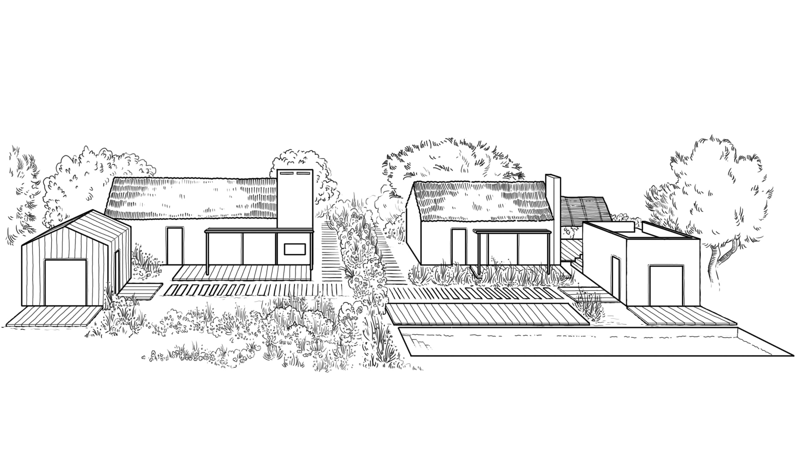 Black and white fine line architectural illustration of three connected building volumes with thatched roofs and botanical elements on white background.