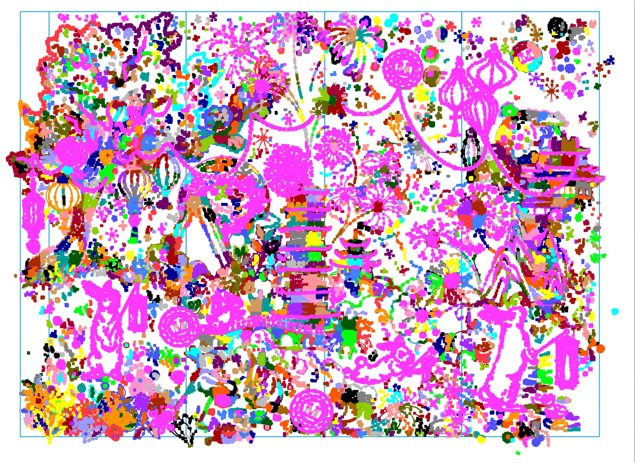 The same Lady M illustration opened in Illustrator with every path selected at once — each of the thousands of layers shows in its own selection colour, making the full fragmentation of the vector file visible.