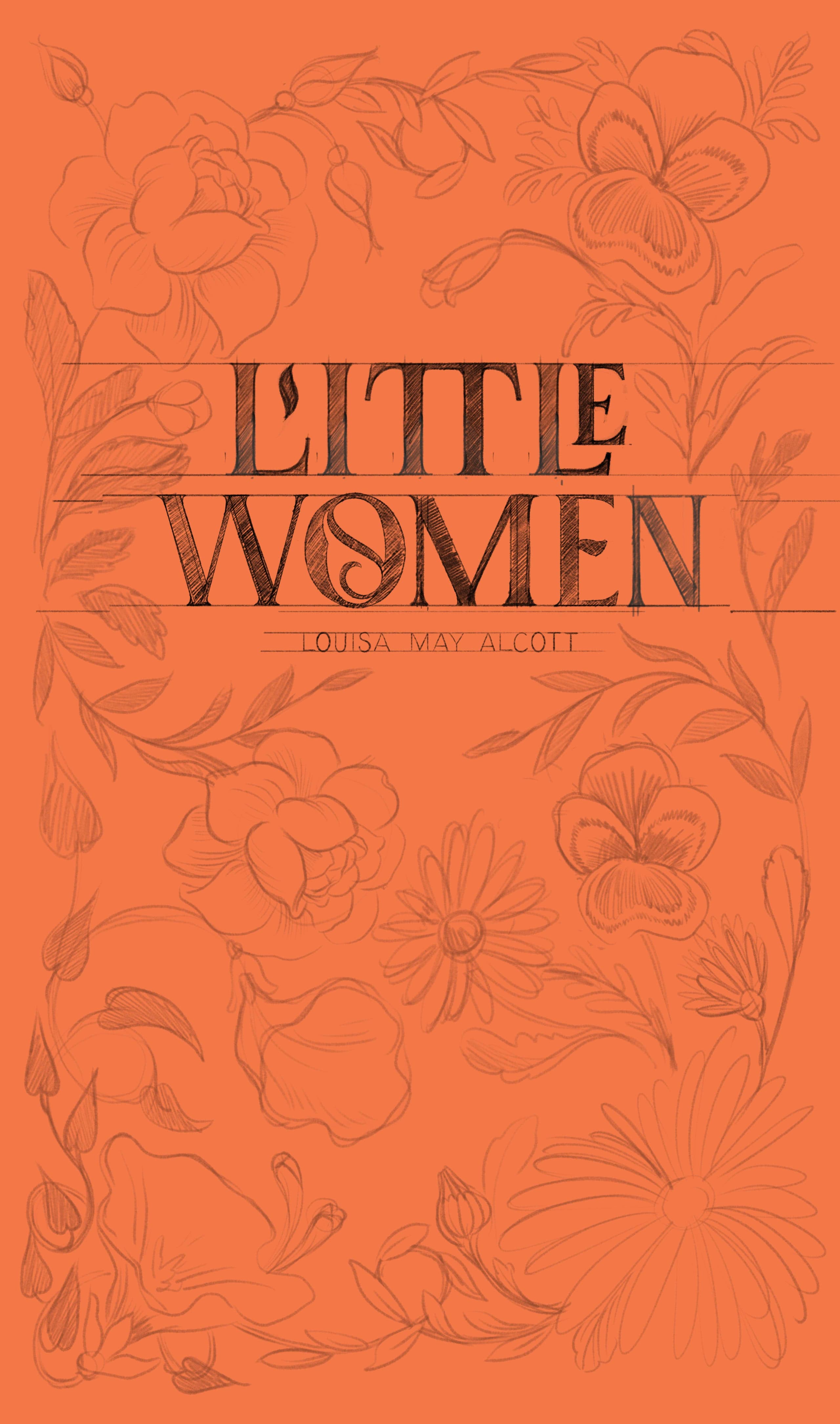Warm orange book cover with fine-line botanical border of peonies and daisies framing centered serif typography reading 'LITTLE WOMEN' and 'LOUISA MAY ALCOTT'.