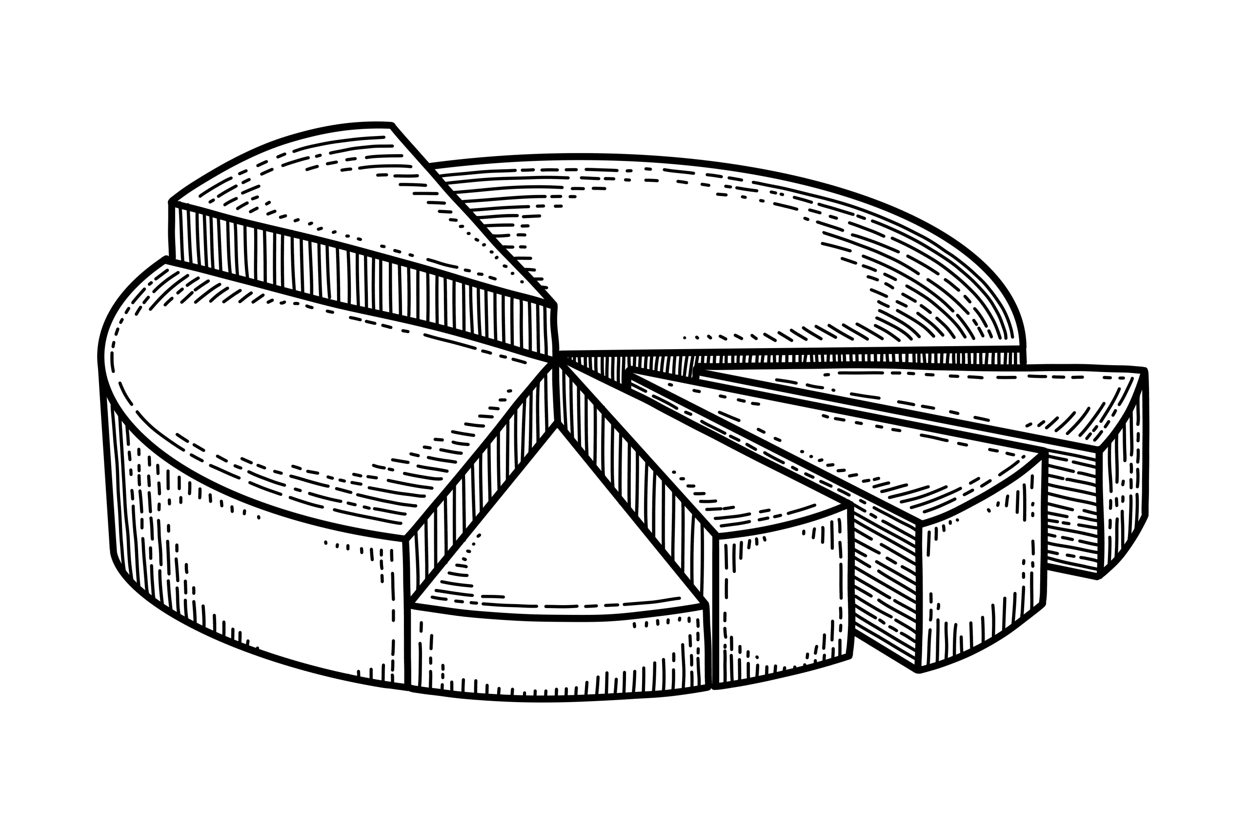 Black ink engraving of a three-dimensional pie chart with six slices, two lifted free from the whole.