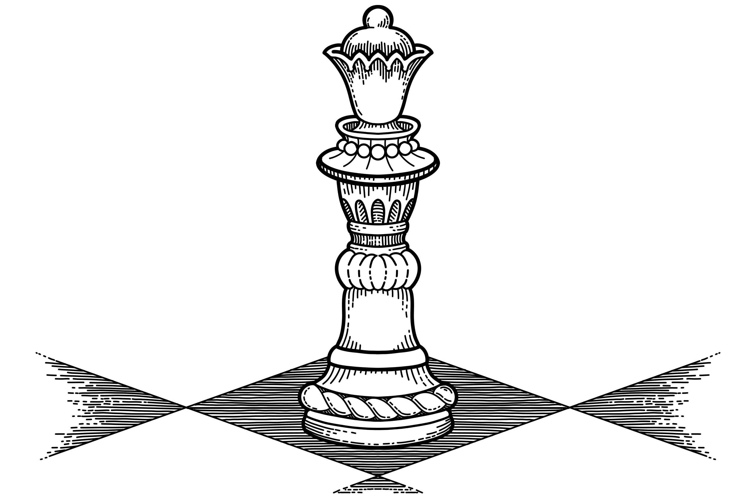 Fine-line engraved chess queen centered on a diamond tile, black ink on white, with radiating hatched lines.