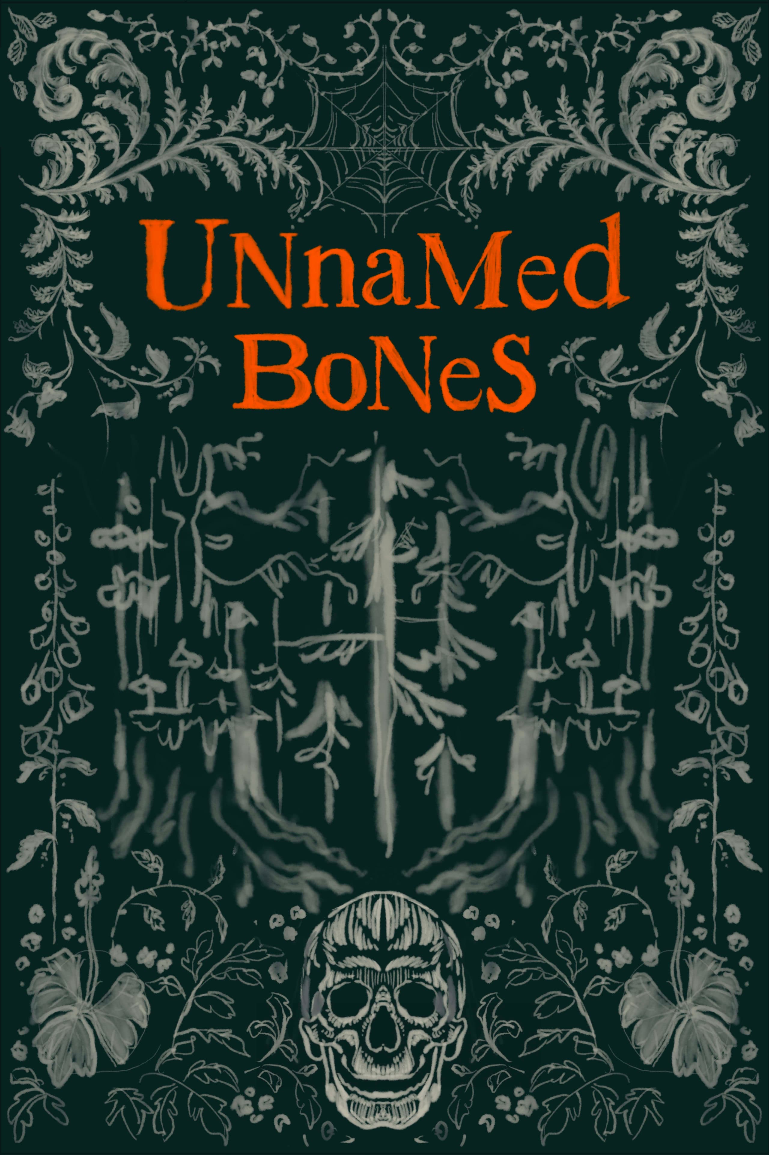 Dark green cover with symmetrical botanical borders in fine line, central skull with elongated jaw and clawed hands, orange title text, ferns and flowering plants throughout.