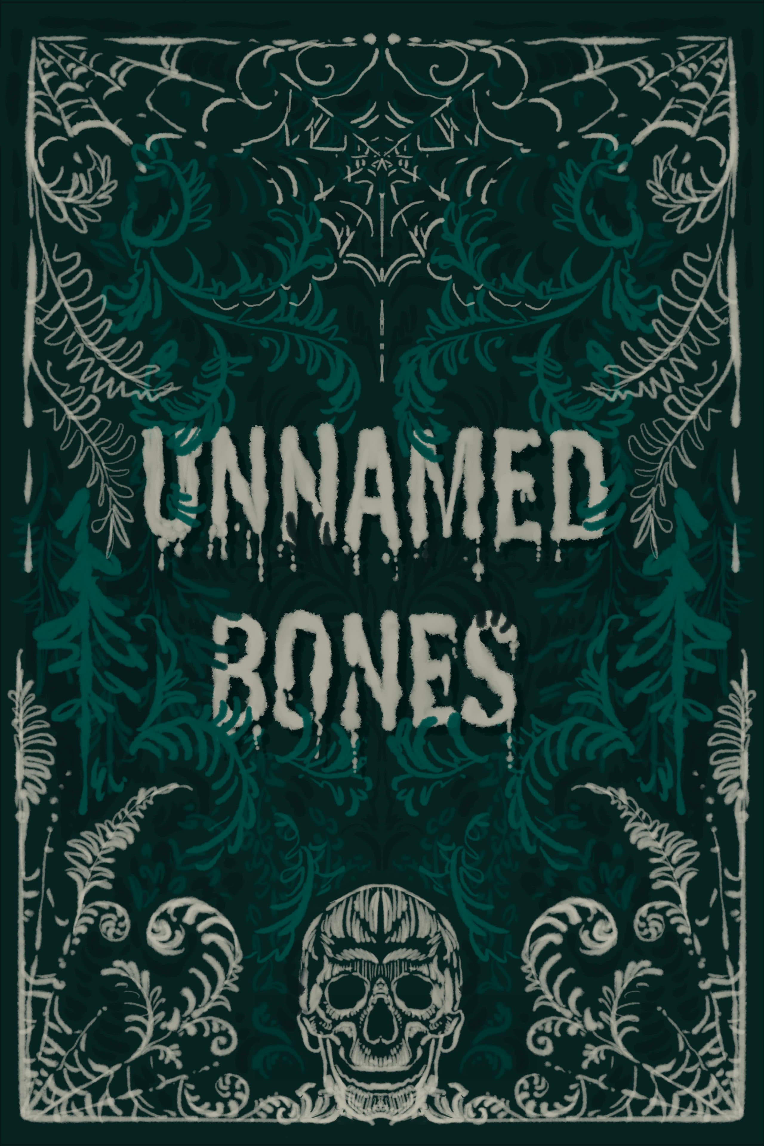 Symmetrical book cover with cream ornamental border, central skull with clawed hands, dense blue-green forest of ferns behind, title integrated above in dripping letters.