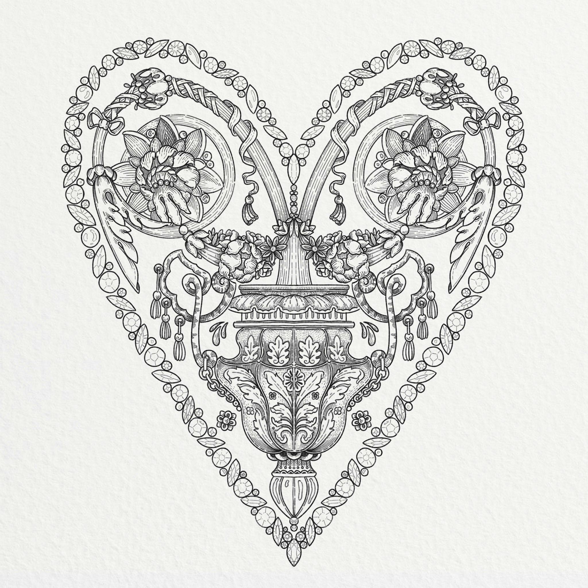 Ornemented heart illustration with arabesques and flowers