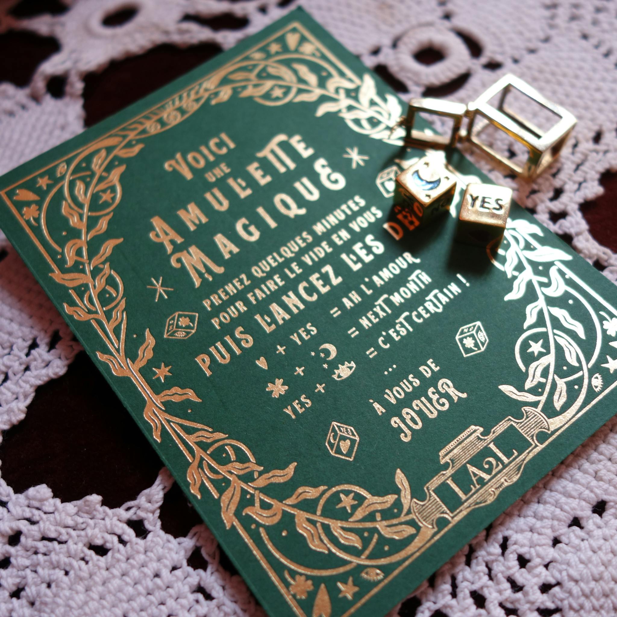 LA2L card. ornamental gold frame on forest green paper