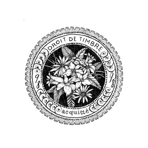 Hand drawn stamps. Botanical center surrounded by a round frame.