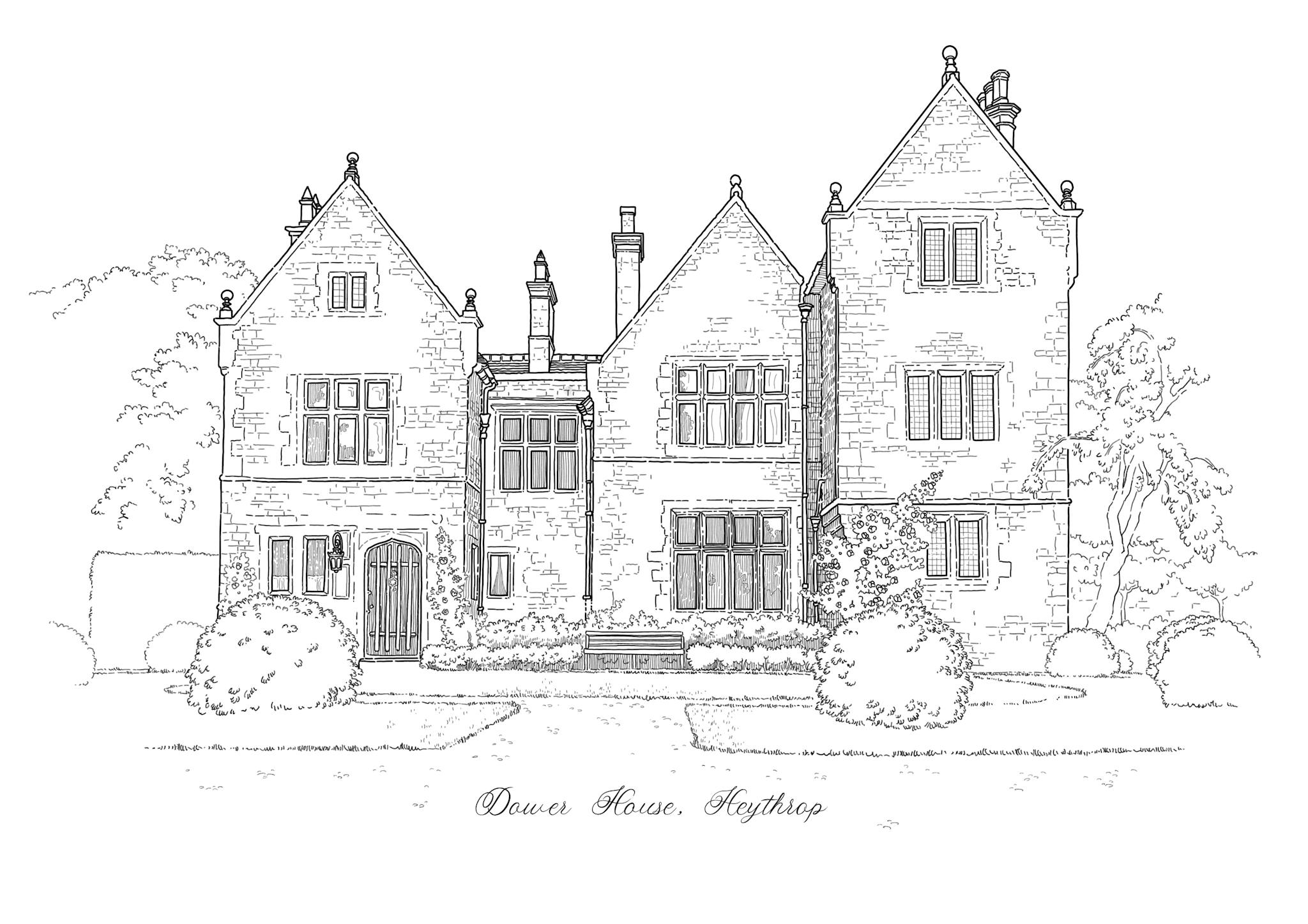 Dower House mansion illustrated in black and white