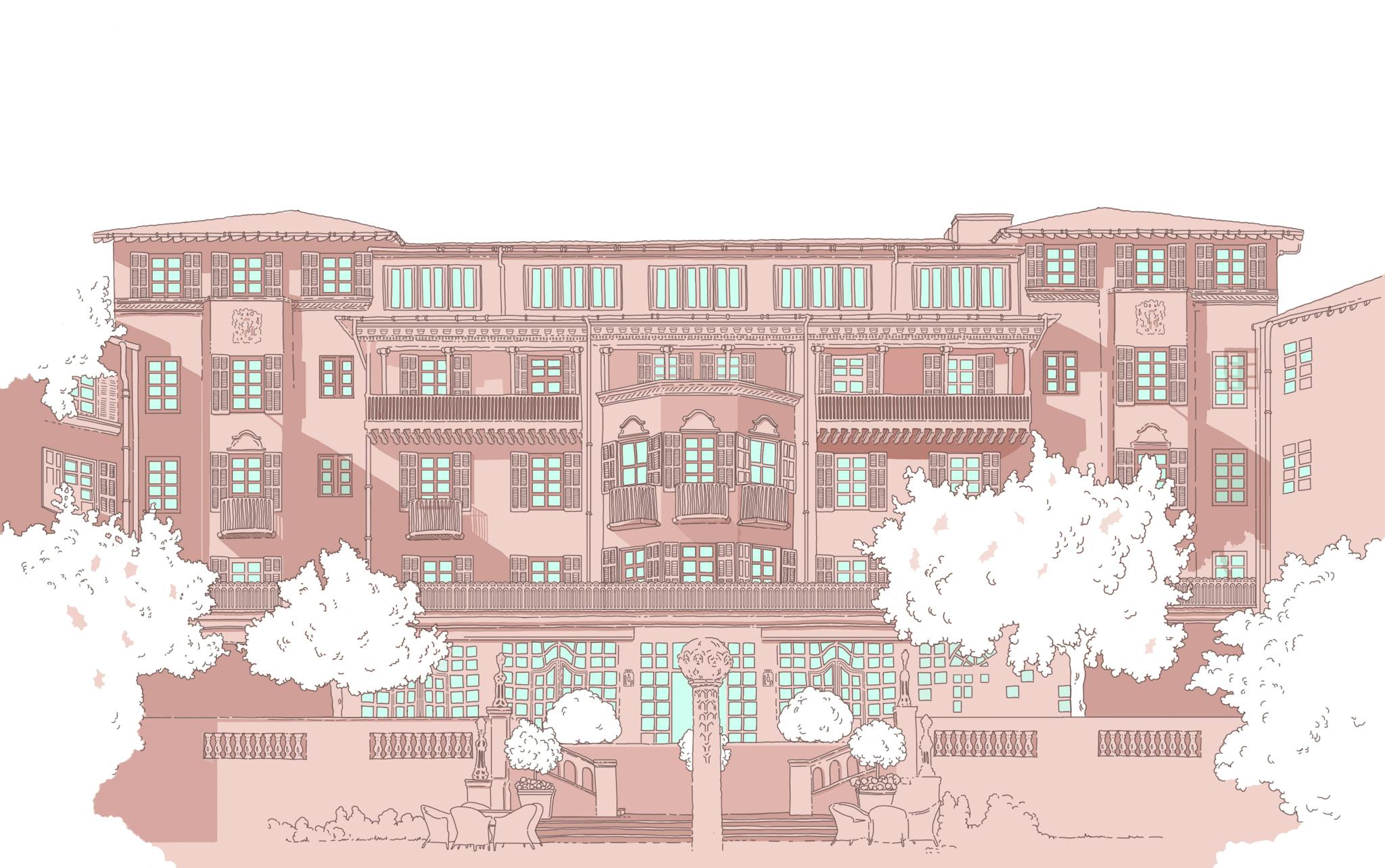 Mount Nelson hotel digitally colored in pink.