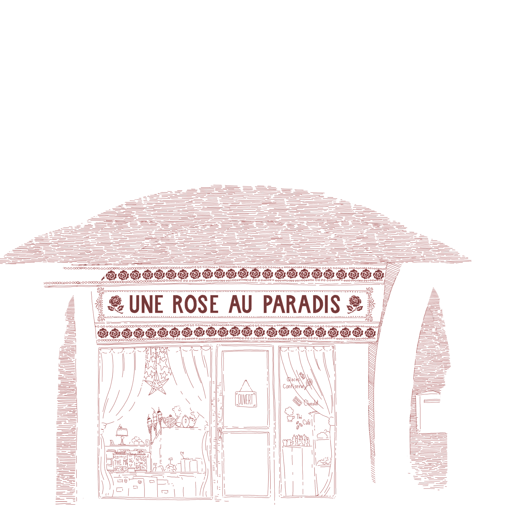 red illustration of the "une rose au paradis" café