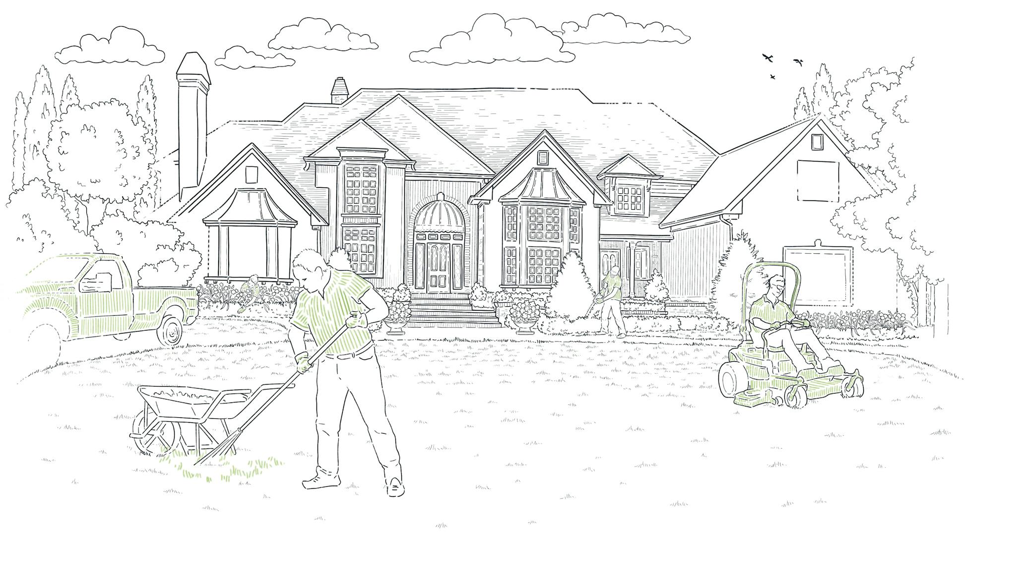 illustration of a big house with person working on the garden