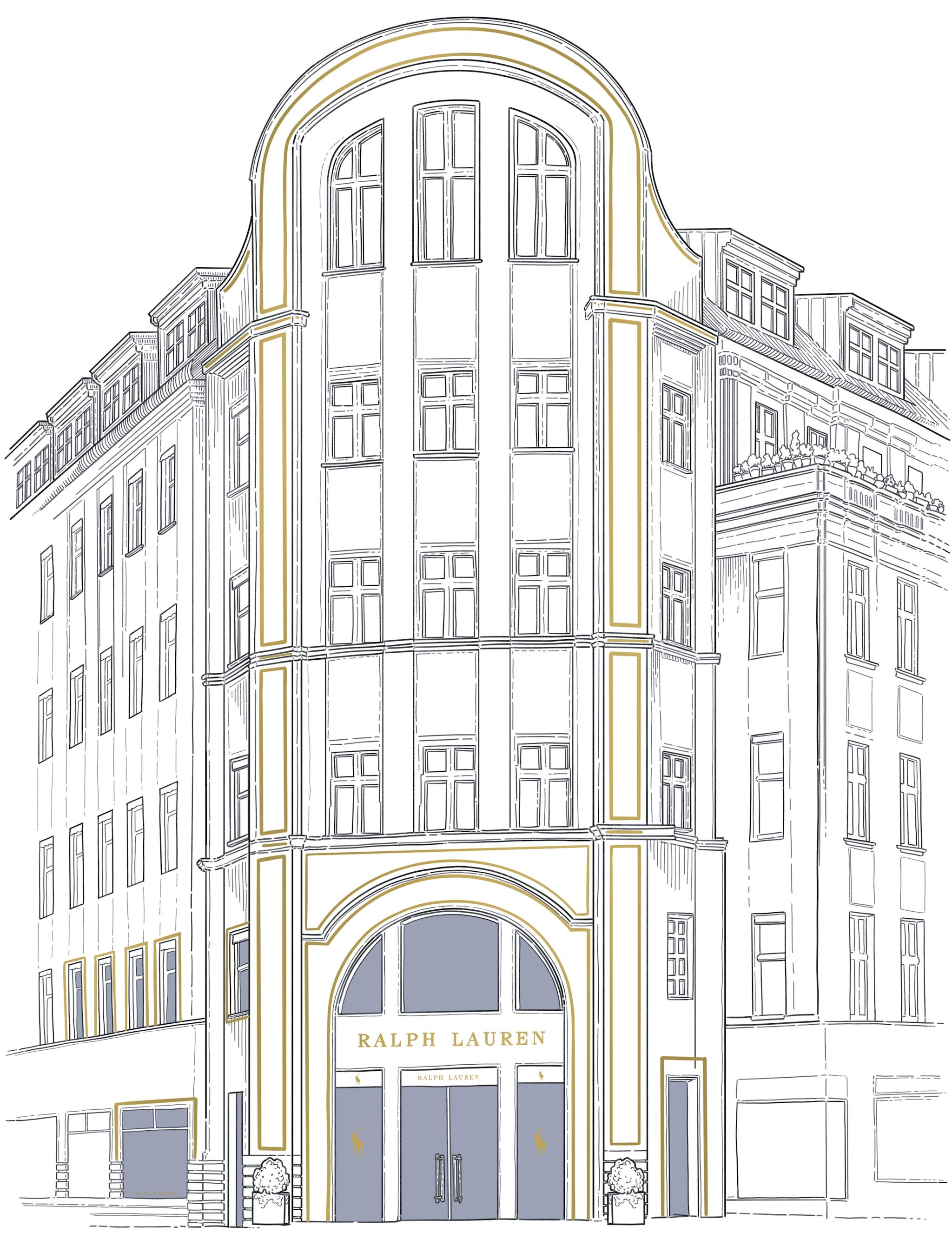 Illustration for Ralph Lauren for a store opening in Berlin. Blue and gold clean lines