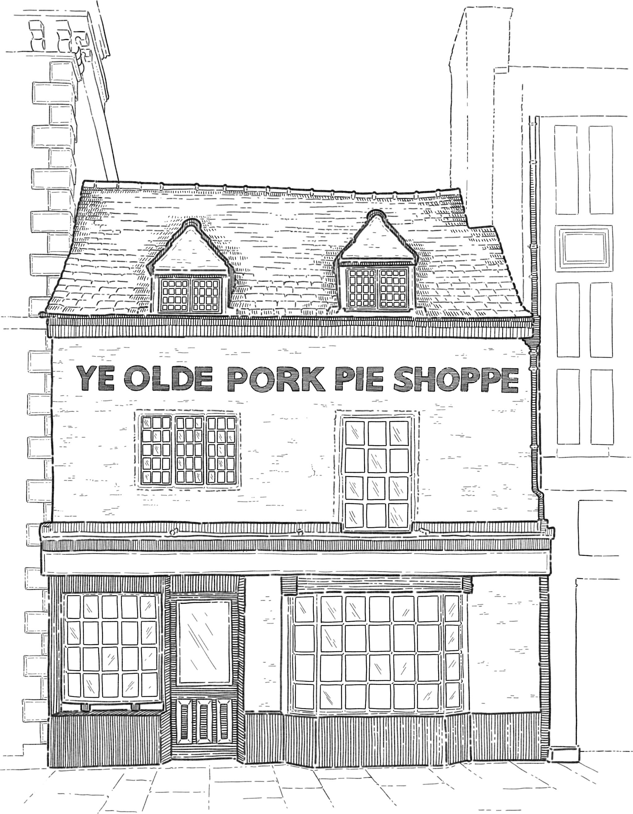 Ye Old Pork Pie building illustration in black and white