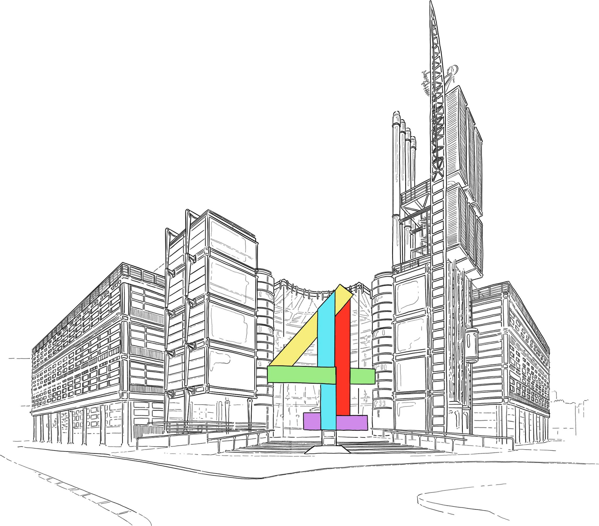 Channel4 building illustration with some color on the center
