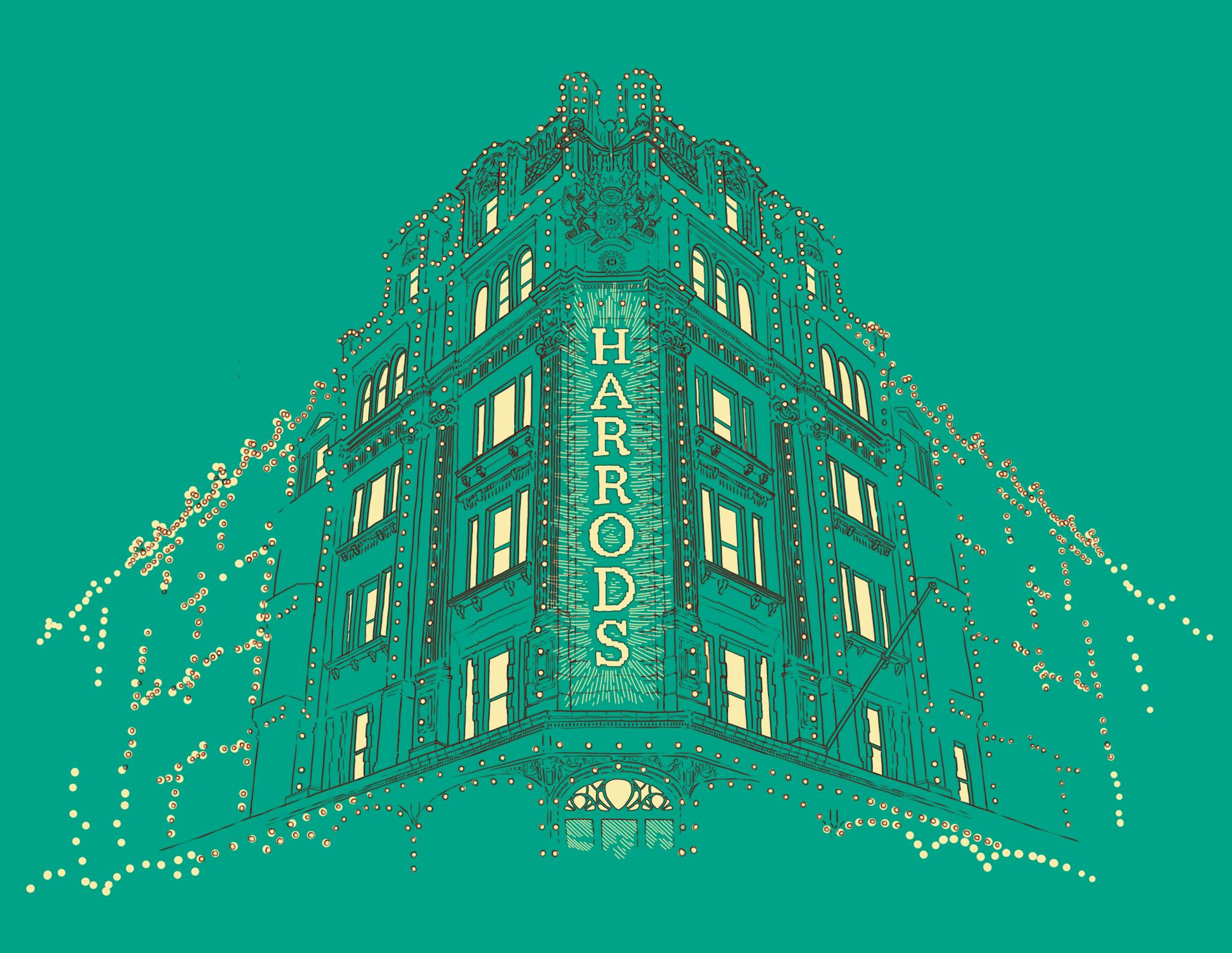 Harrods illustrated in red lines on a green background with yellow lights