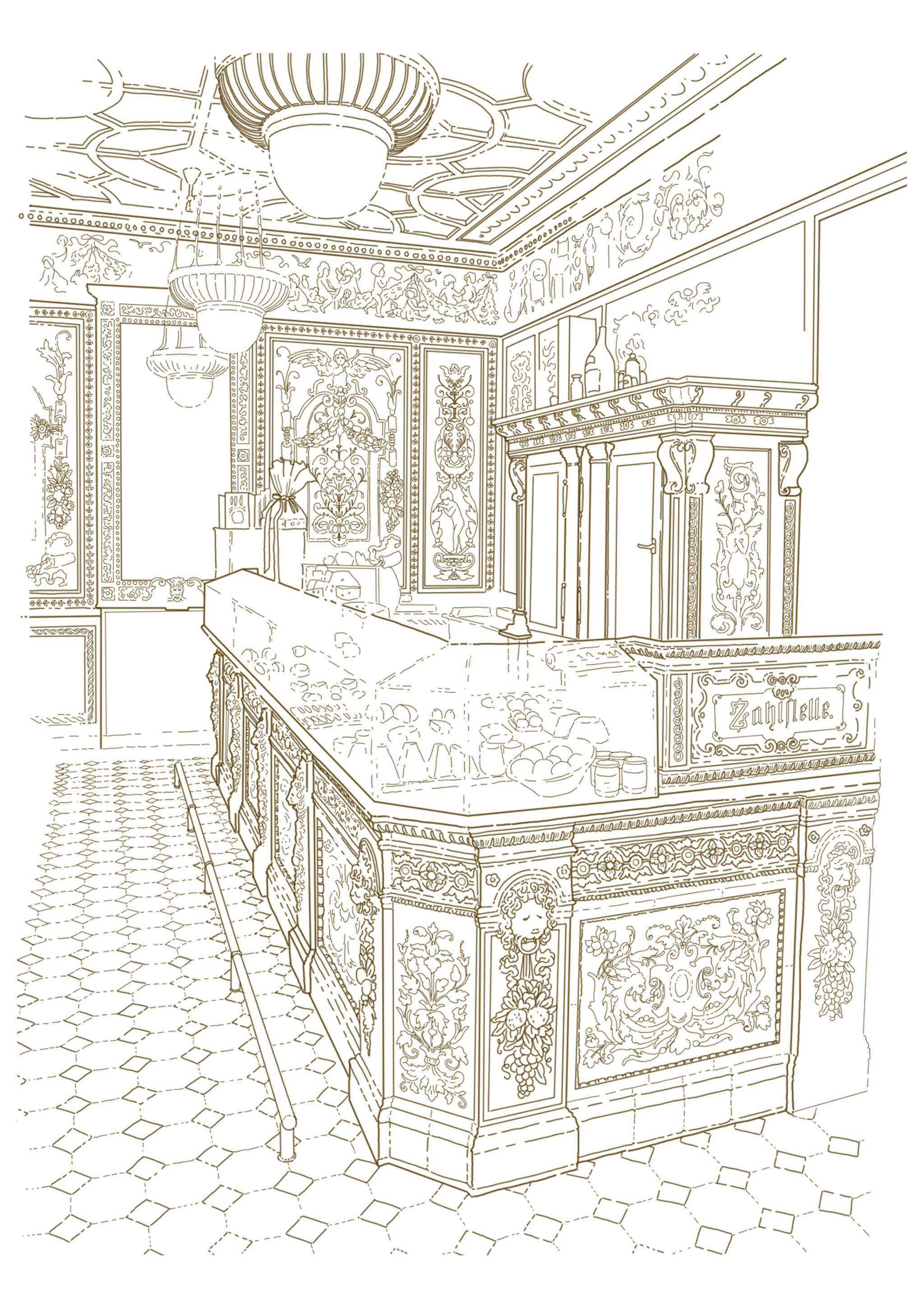 Illustration of the highly decorated Dresdner Molkerei Gebrüder Pfund. Clean lines in profusions making a complex illustration.