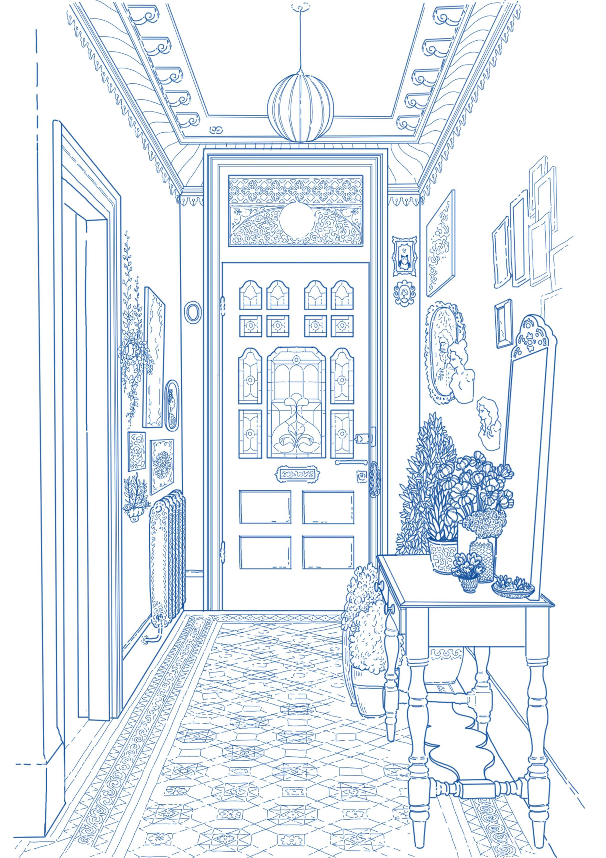 Victoriant hallway with a door, in a blue line style illustration.