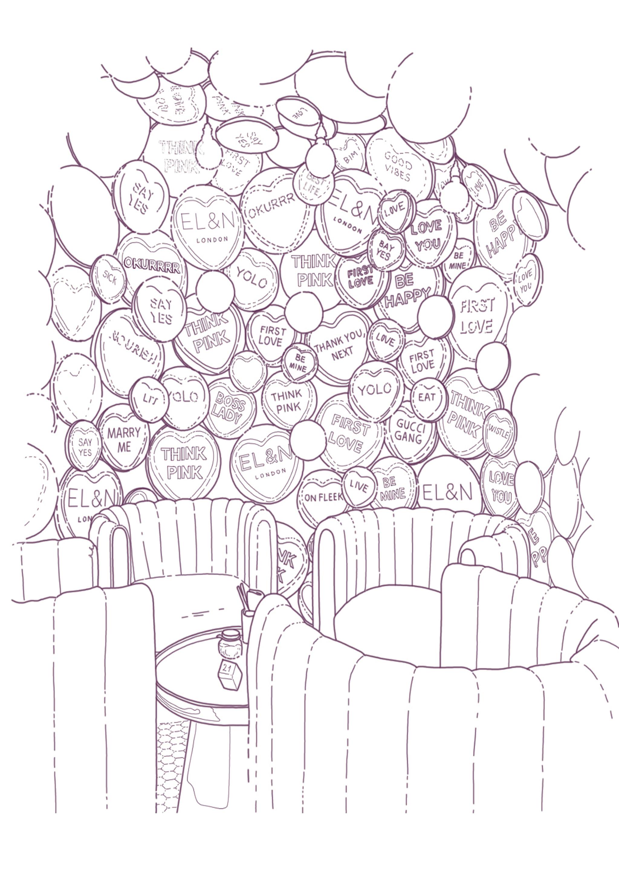 illustration of a cosy scene at elan's café. Four seats surrounded by hearts on the wall