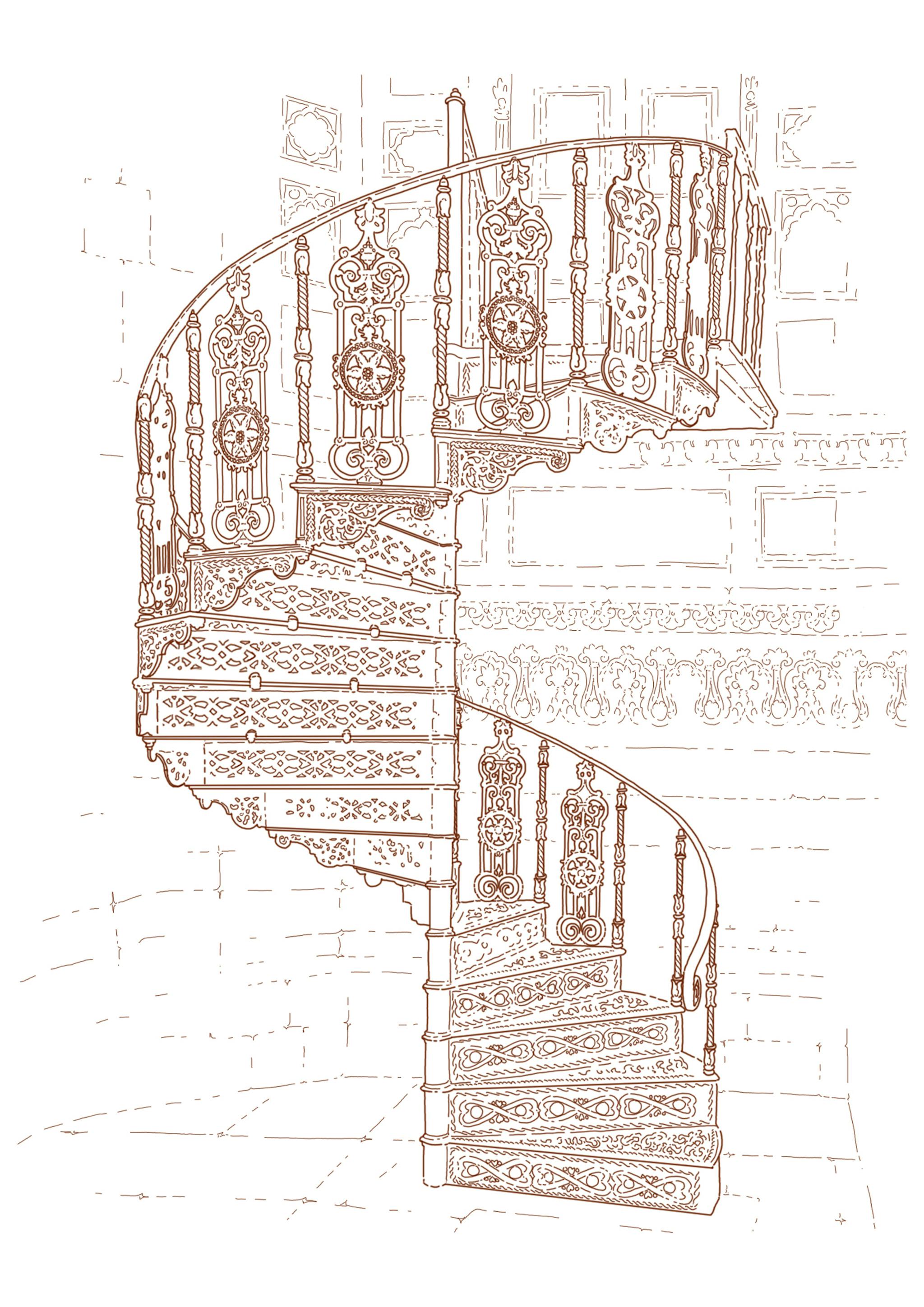Brown line illustration of a highly ornamented spiral strairs.