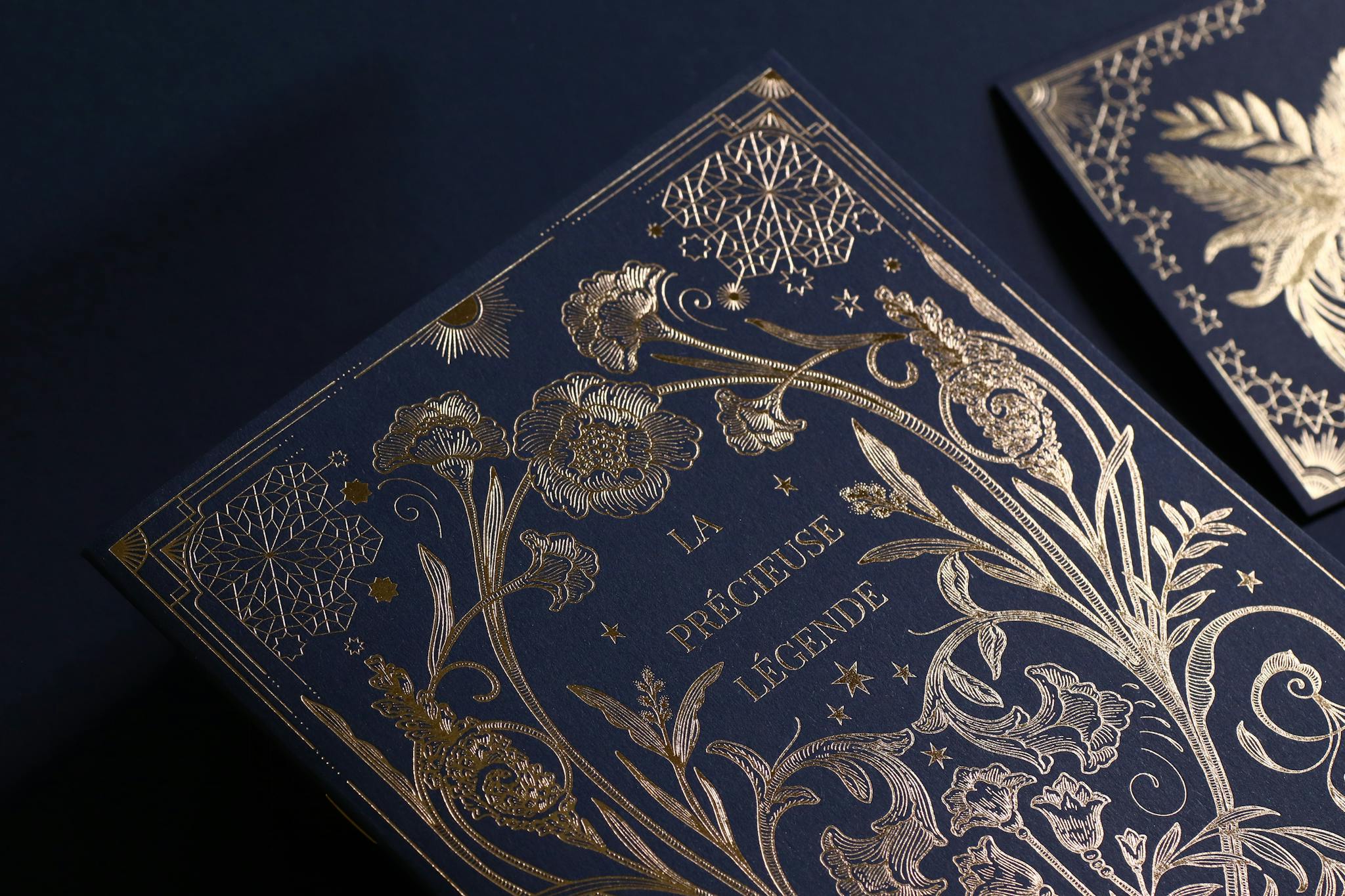 Leila Buecher's notebook. Gold arabesque on navy blue paper.